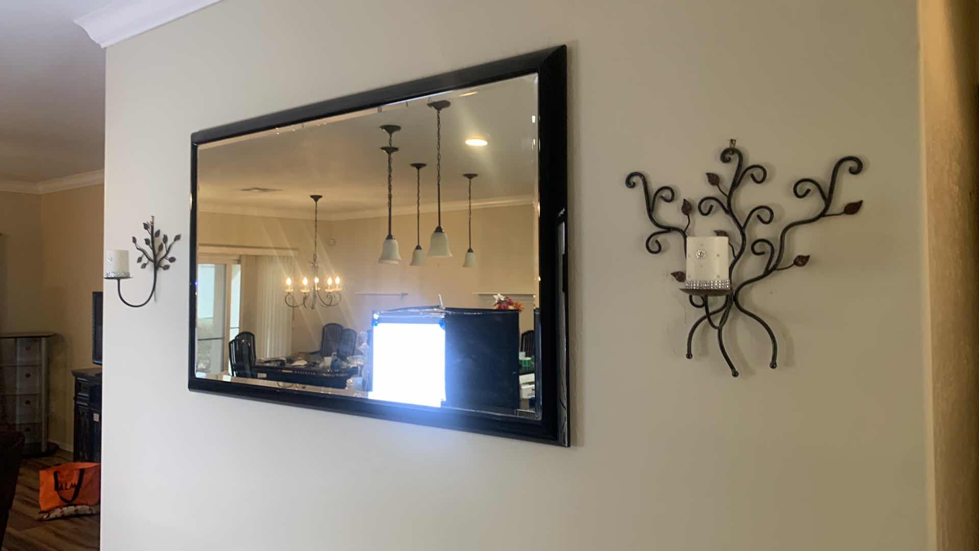 Photo 1 of BLACK LACQUER FRAMED BEVELED GLASS MIRROR 60” x 36” W TWO METAL SCULPTURED SCONCES