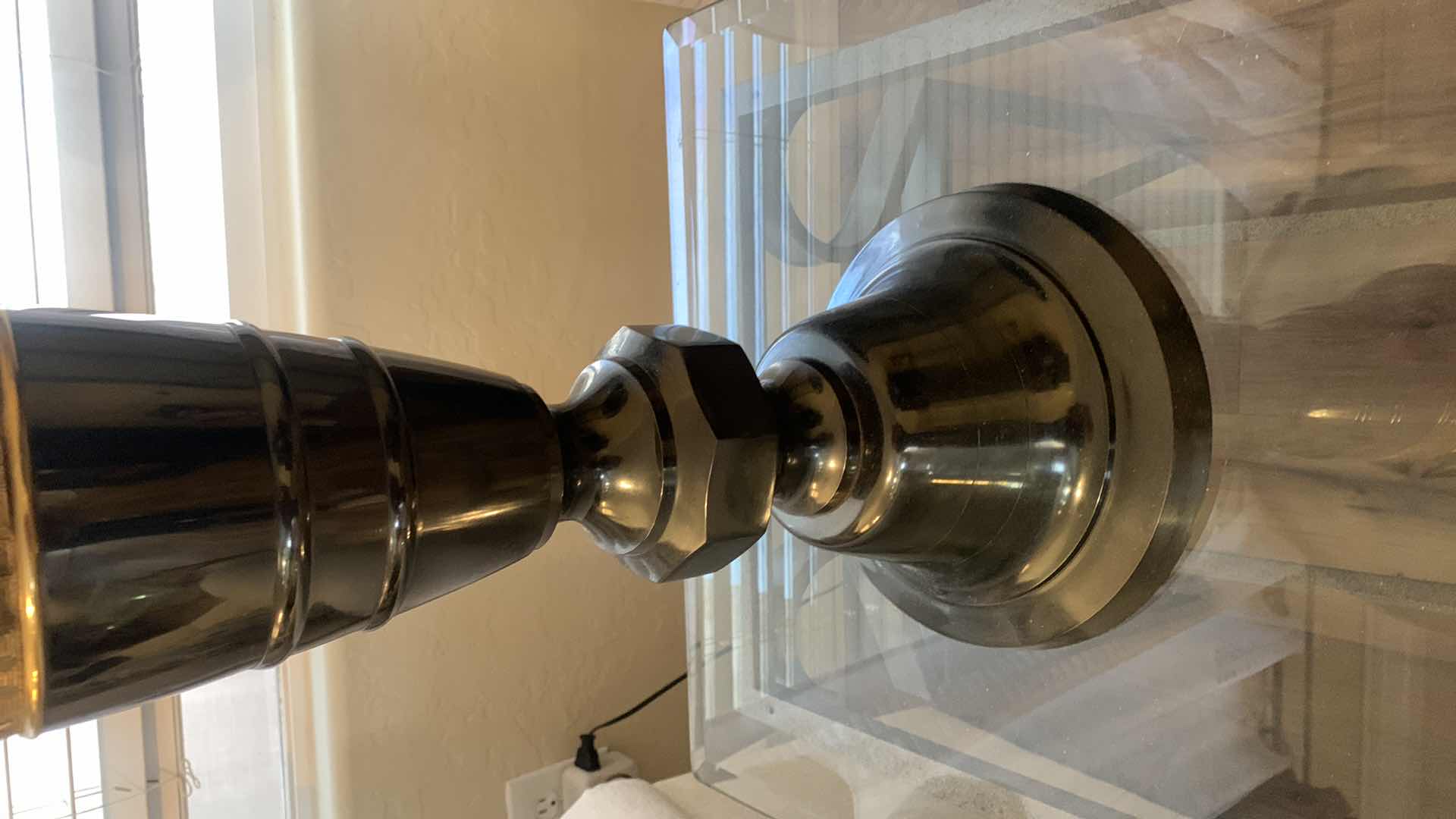 Photo 1 of TALL METAL BLACK AND GOLD TABLE LAMP W MATCHING SHADE H45”