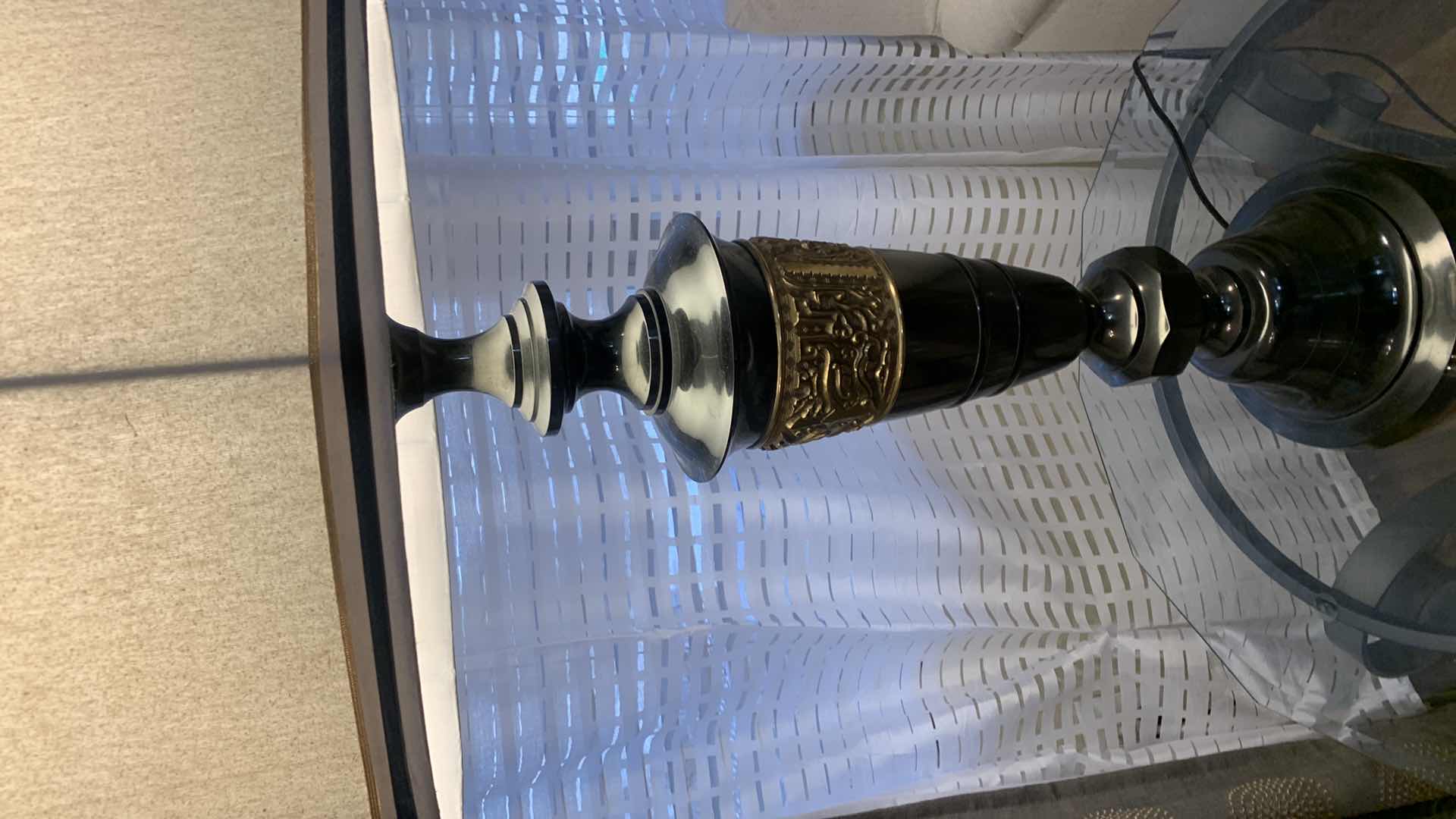 Photo 1 of TALL METAL BLACK AND GOLD TABLE LAMP W MATCHING SHADE H45”