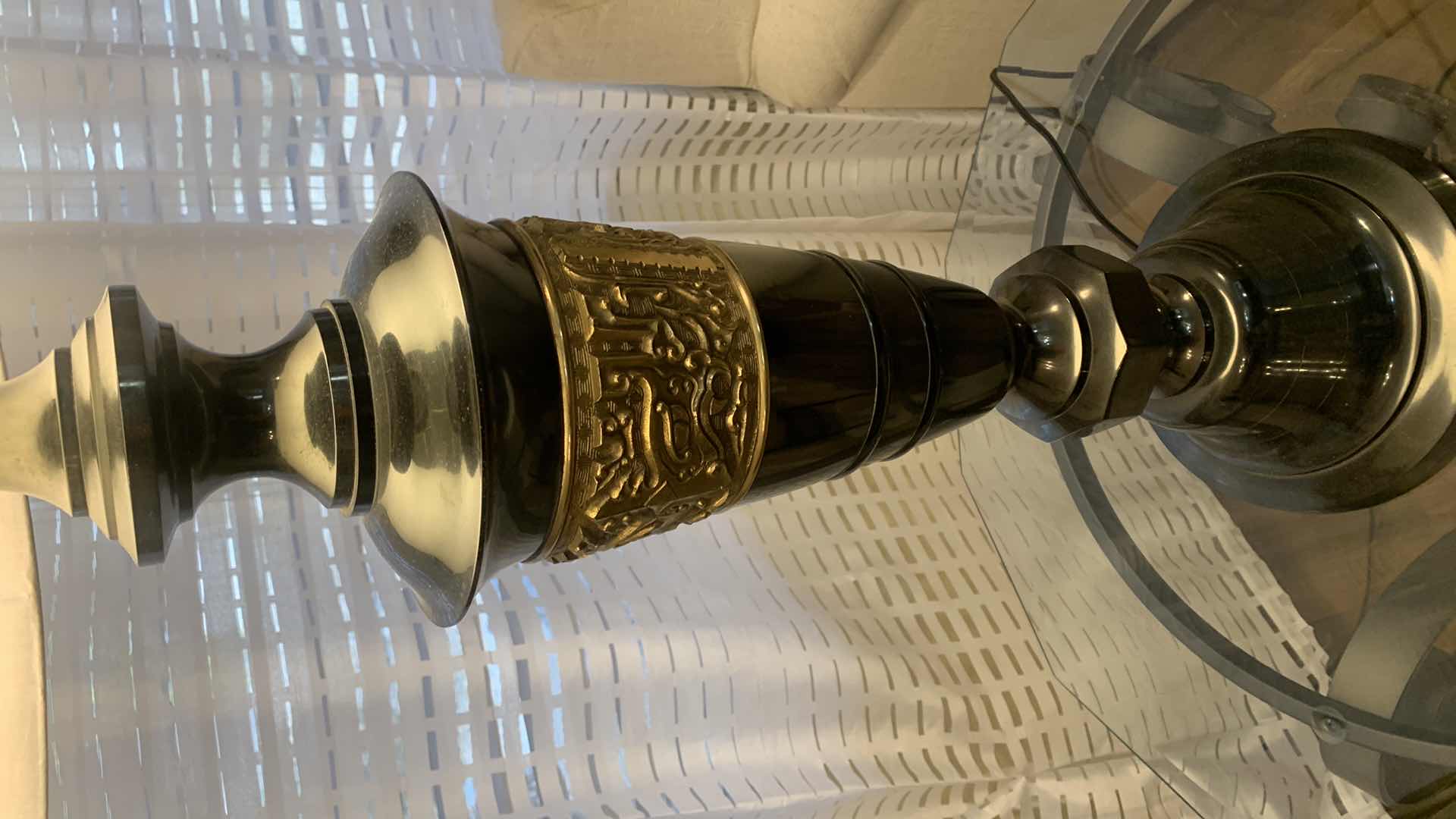 Photo 1 of TALL METAL BLACK AND GOLD TABLE LAMP W MATCHING SHADE H45”