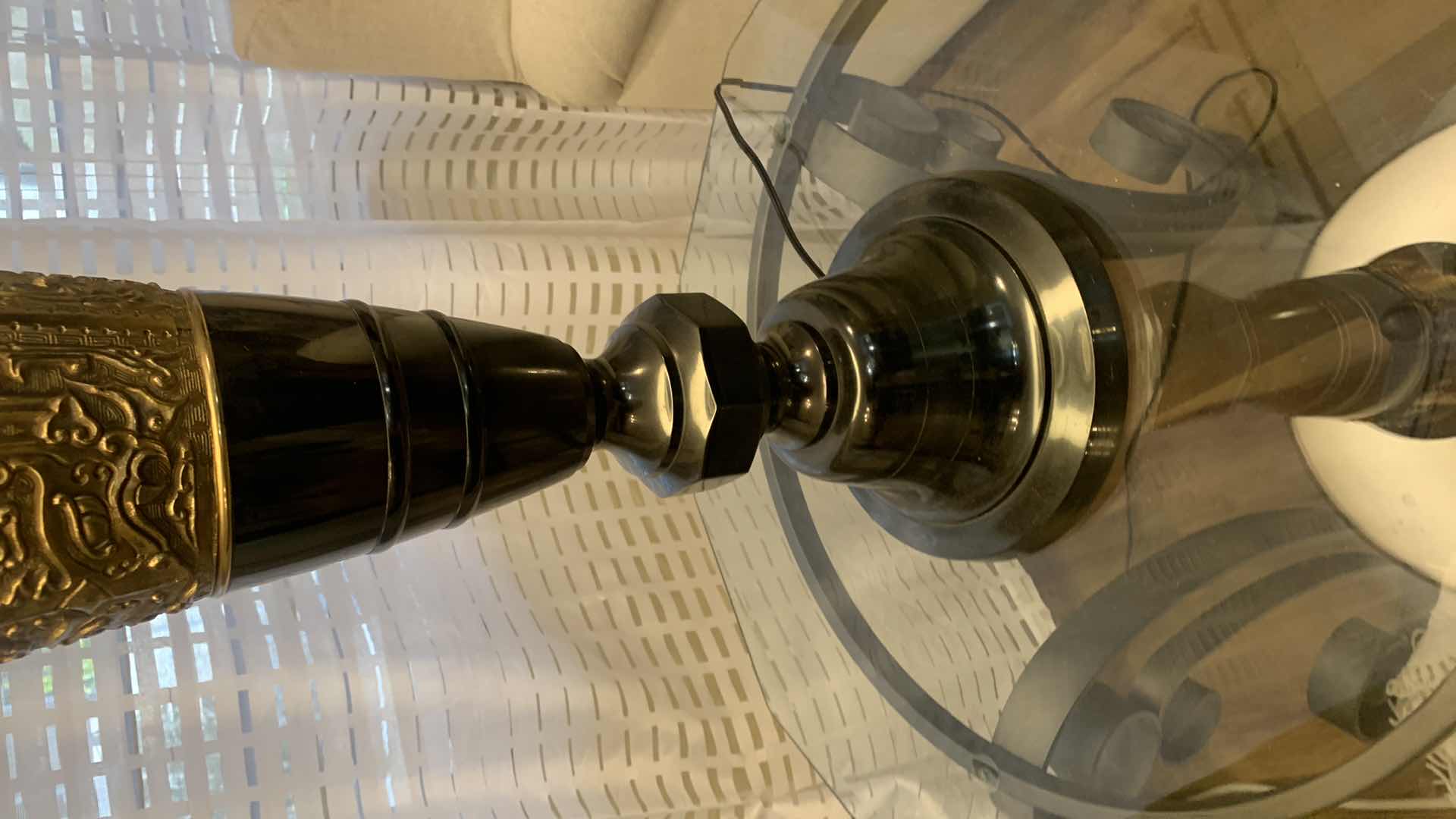 Photo 1 of TALL METAL BLACK AND GOLD TABLE LAMP W MATCHING SHADE H45”