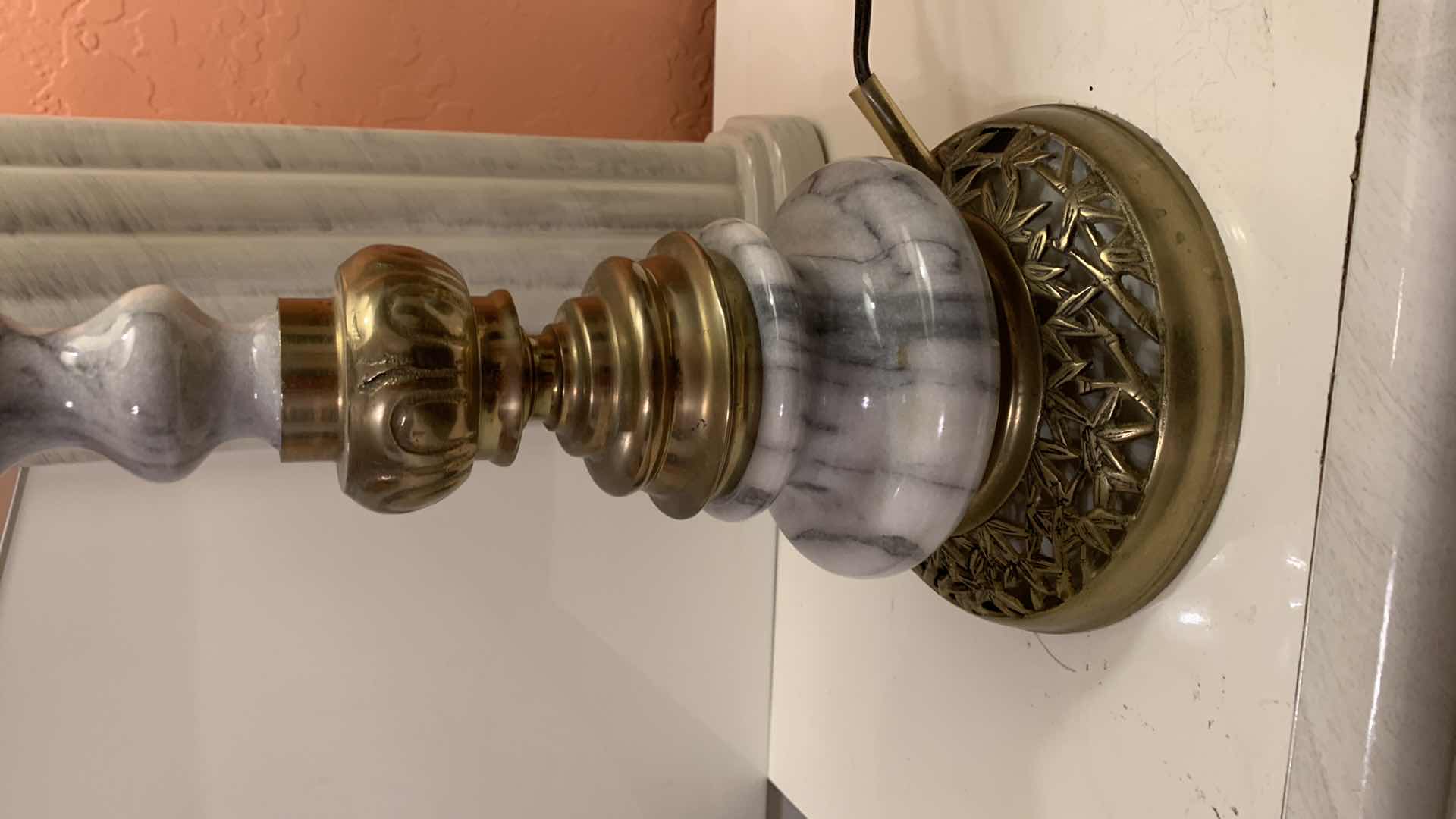 Photo 1 of VINTAGE BRASS AND MARBLE TALL TABLE LAMPS, (1 MISSING SHADE) H35” WITHOUT SHADE