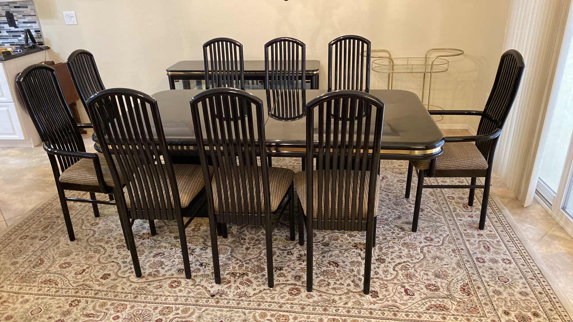 View 8 of BLACK LACQUER TABLE WITH 9 CHAIRS 73” X 42” H29” AND 18" LEAF EXTENDING TABLE TO 91" 
