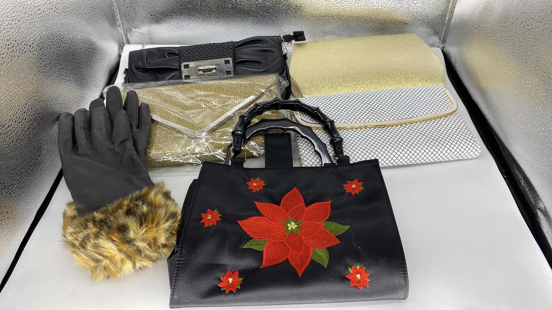 Photo 1 of EVENING BAGS AND PAIR OF GLOVES