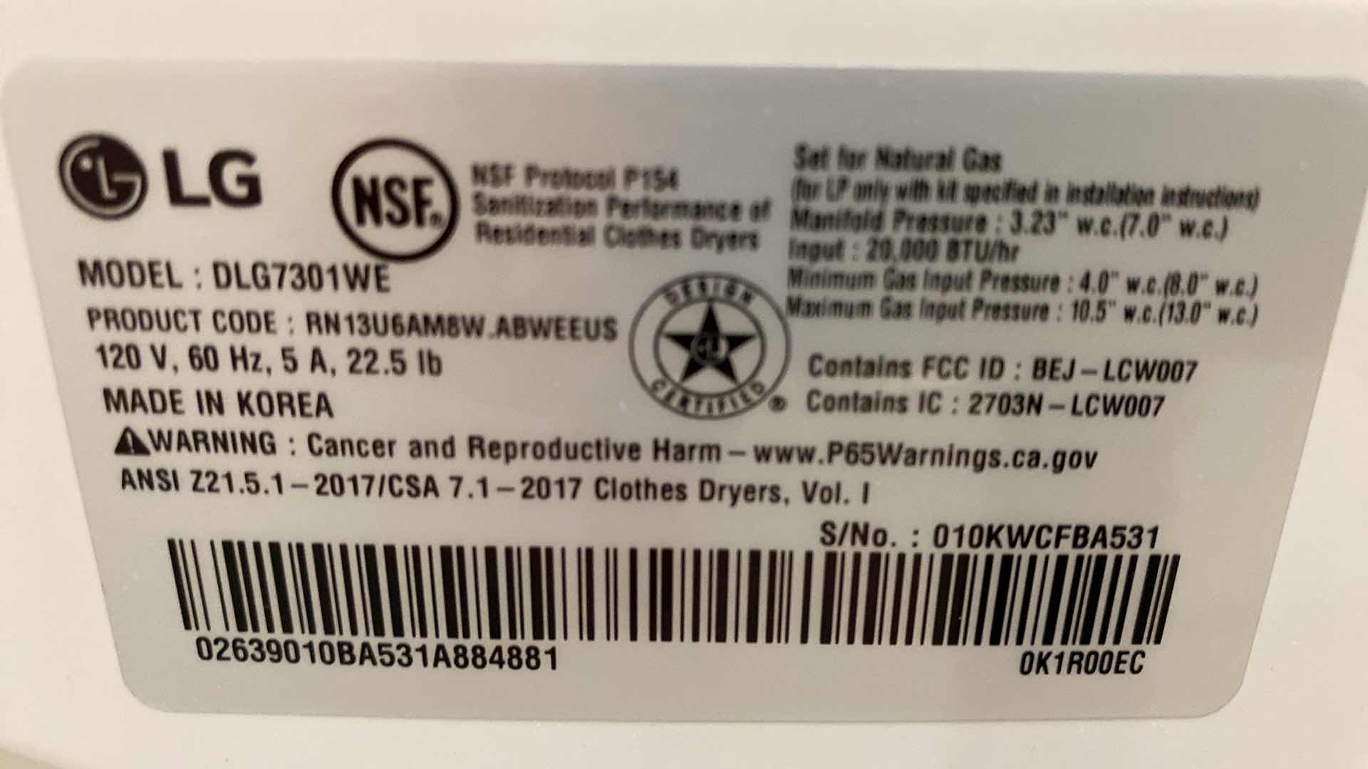 Photo 1 of LG GAS DRYER MODEL DLG7301WE