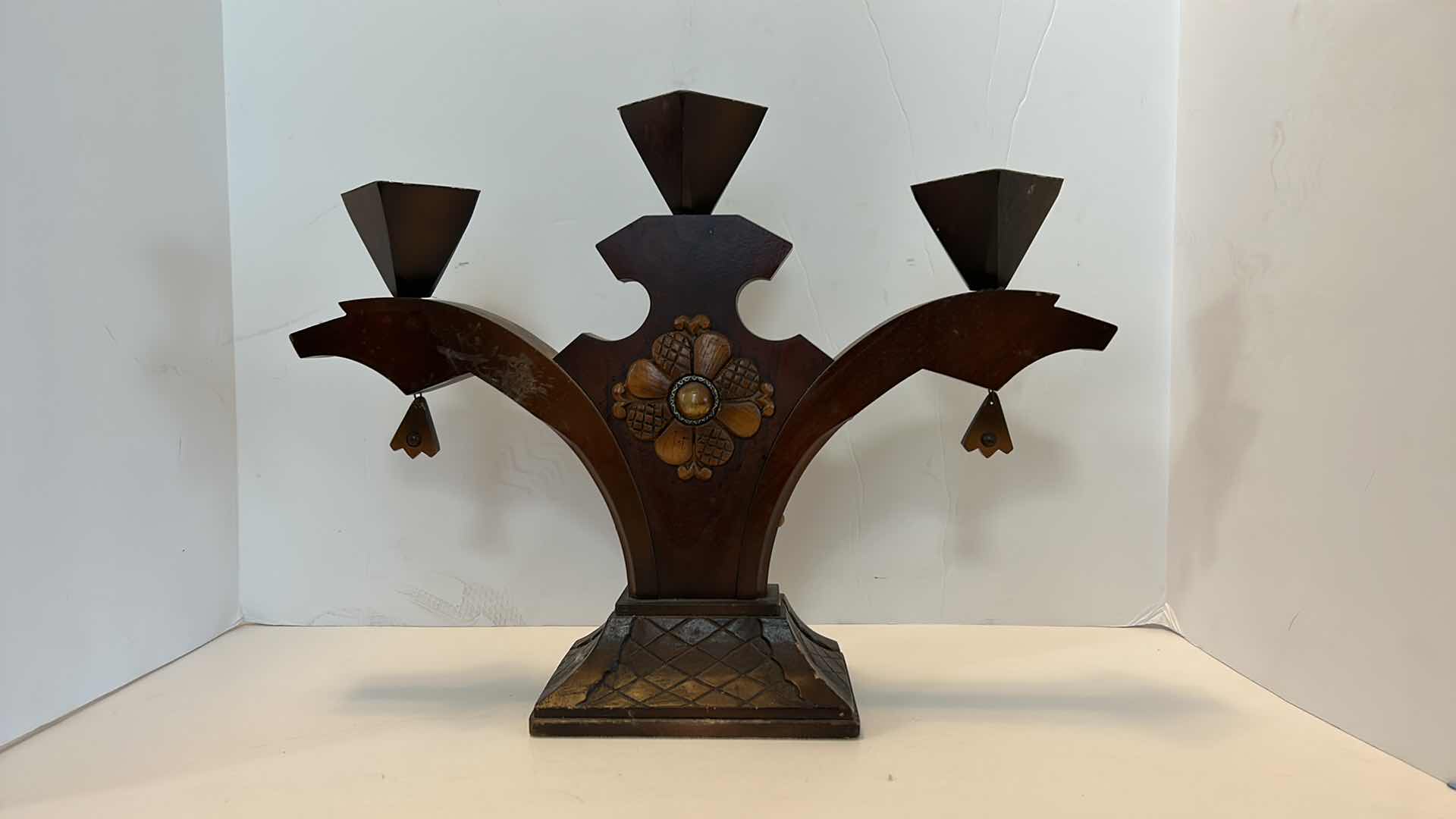 Photo 1 of HOME DECOR, 3 PIECES WOOD AND RESIN CANDLE HOLDERS, TALLEST W CANDLE H 16”