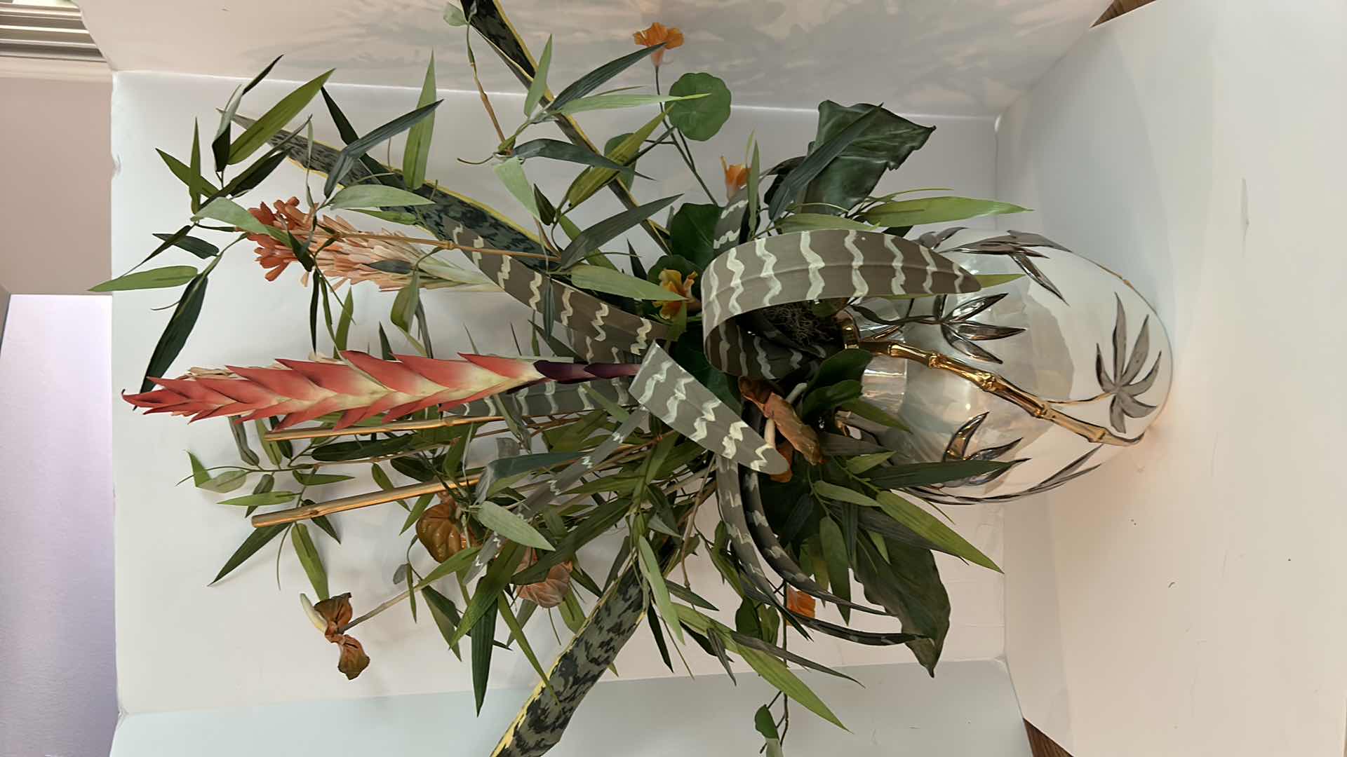 Photo 1 of 34” FAUX FLORAL ARRANGEMENT IN PORCELAIN IVORY AND GOLD VASE