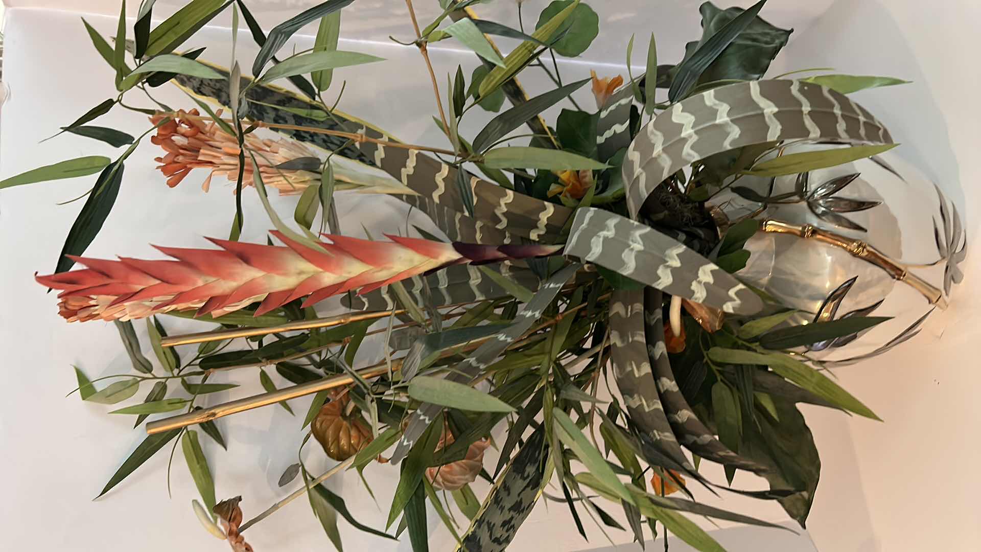 Photo 1 of 34” FAUX FLORAL ARRANGEMENT IN PORCELAIN IVORY AND GOLD VASE