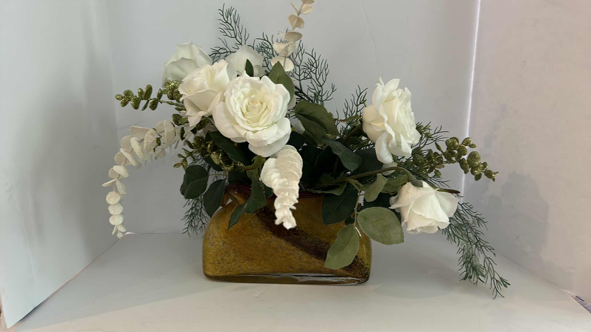 Photo 1 of FAUX FLORAL ARRANGEMENT IN HEAVY BLOWN GLASS VASE H15”