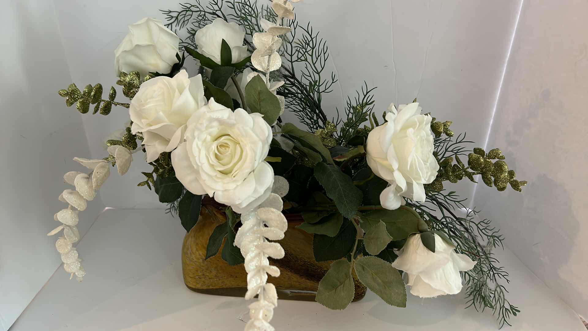 Photo 1 of FAUX FLORAL ARRANGEMENT IN HEAVY BLOWN GLASS VASE H15”