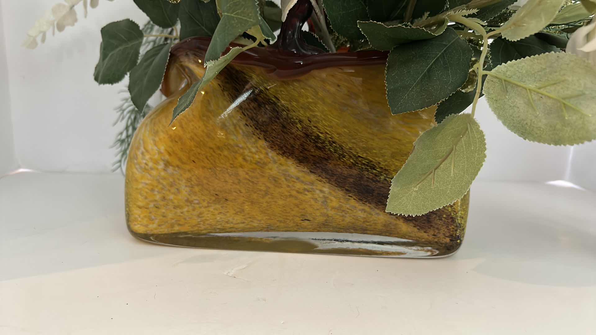 Photo 1 of FAUX FLORAL ARRANGEMENT IN HEAVY BLOWN GLASS VASE H15”