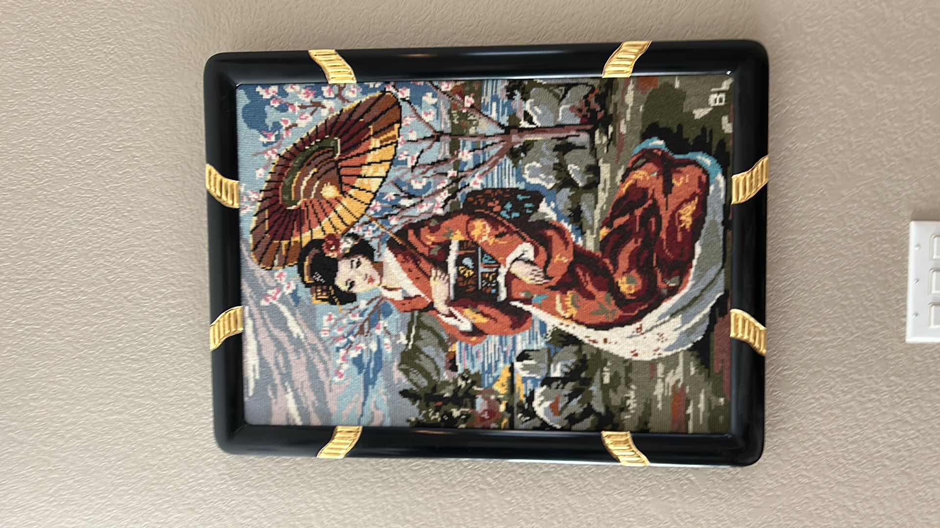 Photo 1 of ARTWORK, BLACK AND GOLD FRAMED ASIAN NEEDLEPOINT 23” x 30.5”