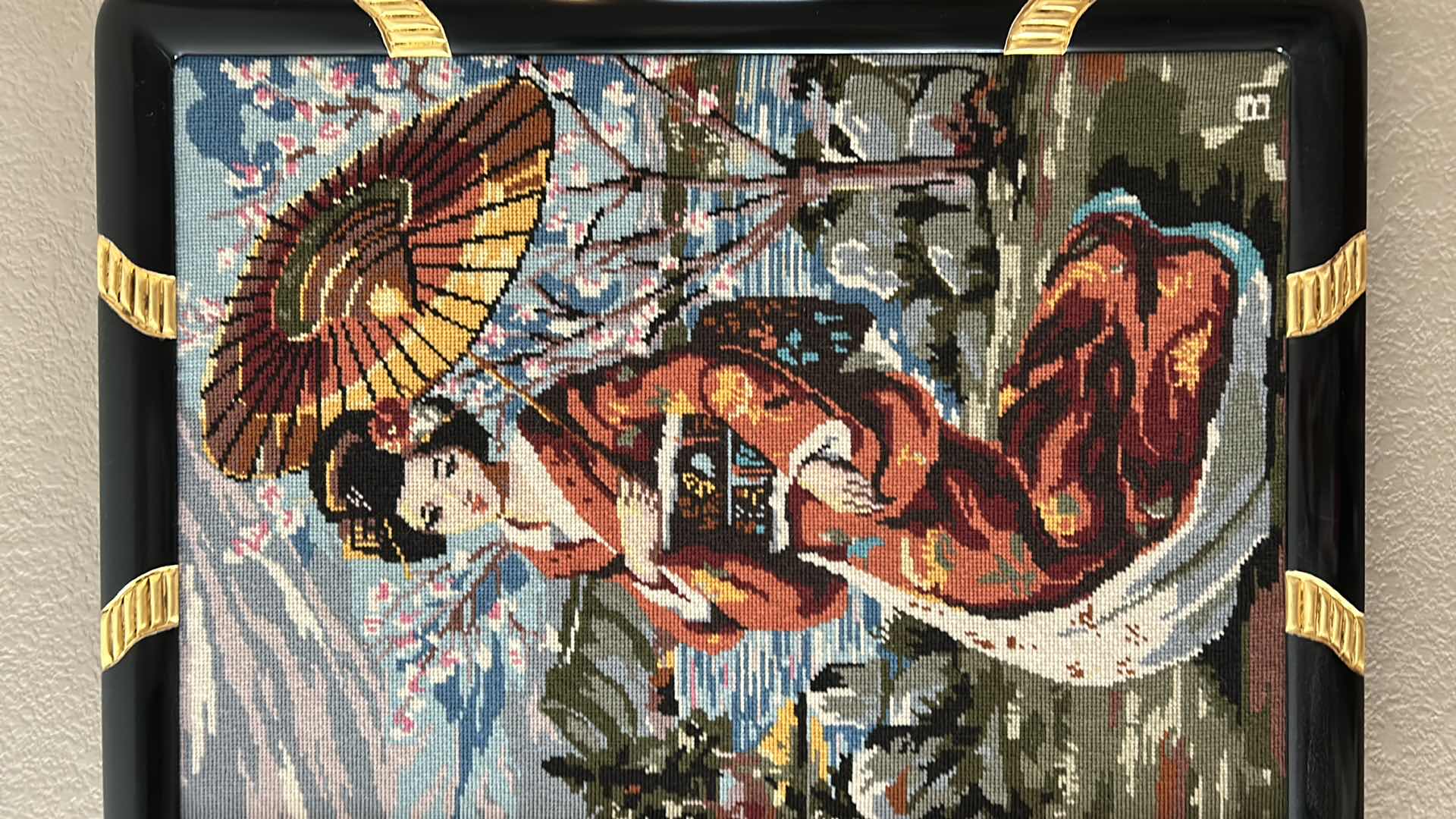 Photo 1 of ARTWORK, BLACK AND GOLD FRAMED ASIAN NEEDLEPOINT 23” x 30.5”