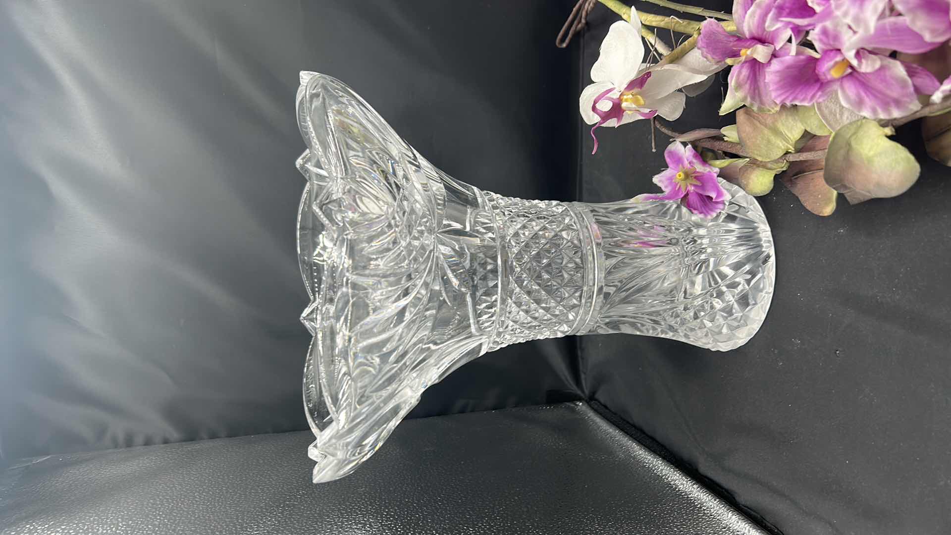 Photo 1 of CUT CRYSTAL VASE H12” AND FAUX FLOWERS