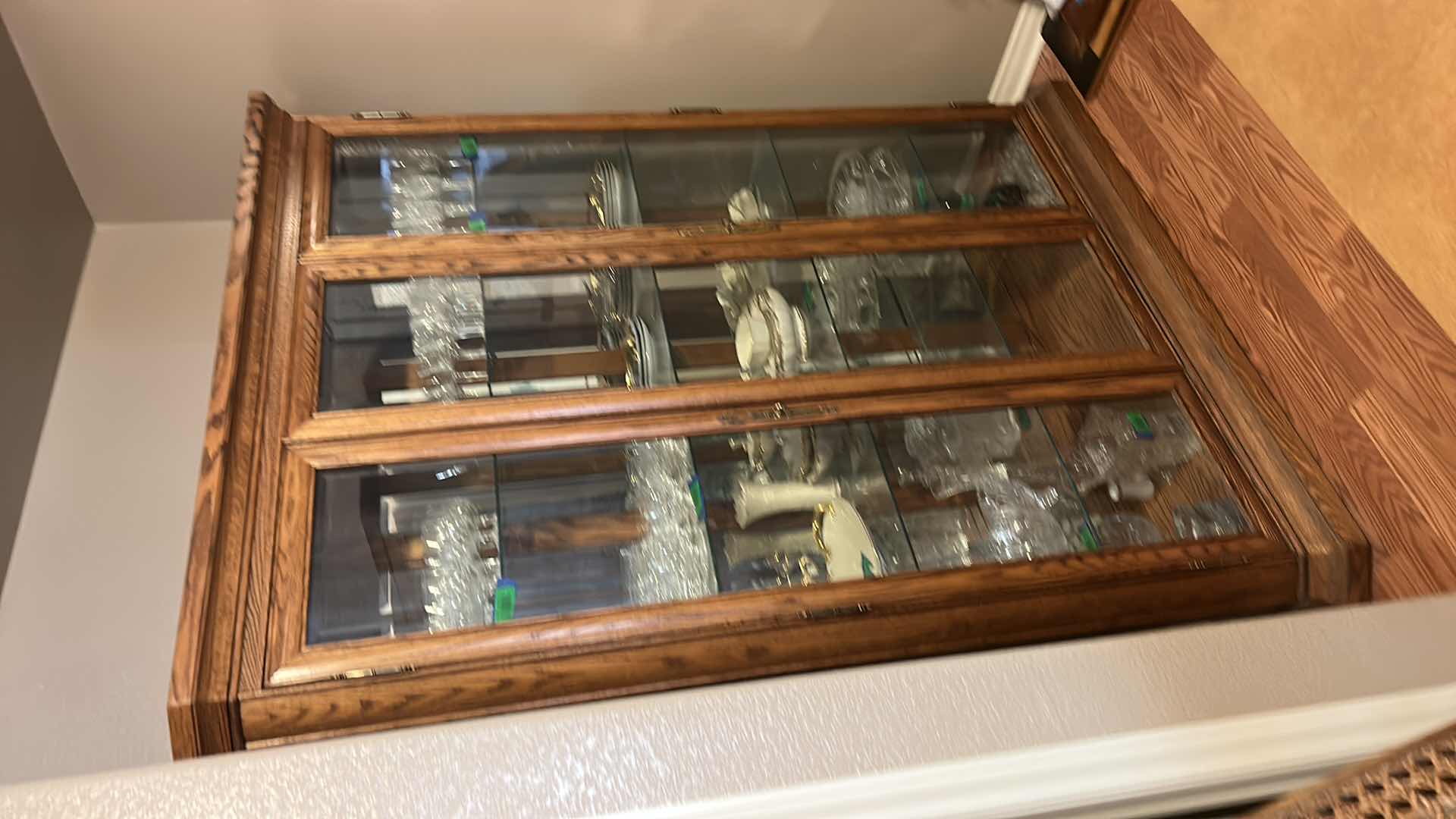 Photo 1 of LIGHTED WOOD CHINA / CURIO CABINET, MIRRORED W GLASS SHELVES, (CONTENTS NOT INCLUDED) 63” x 20” x H77”