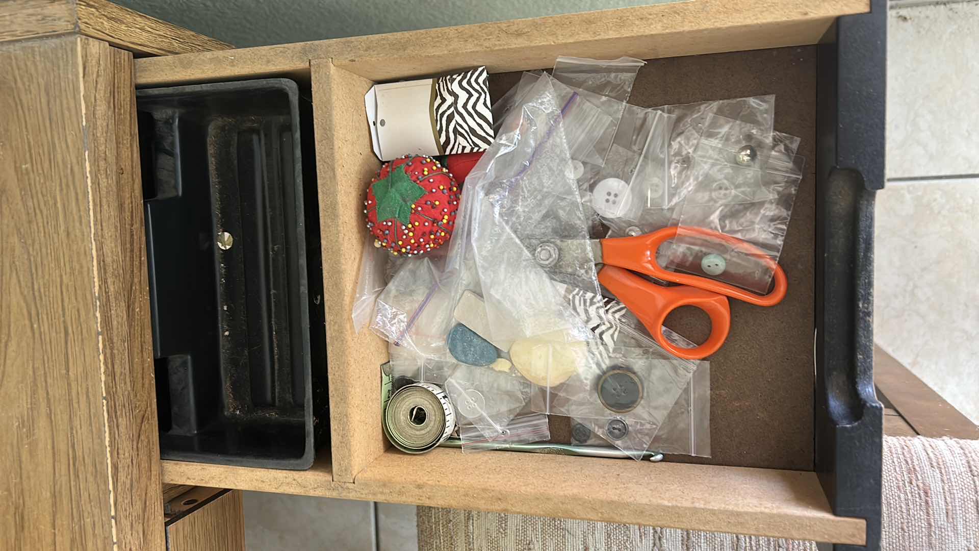 Photo 1 of VINTAGE SEWING TABLE AND CHAIR WITH KENMORE SEWING MACHINE AND ACCESSORIES