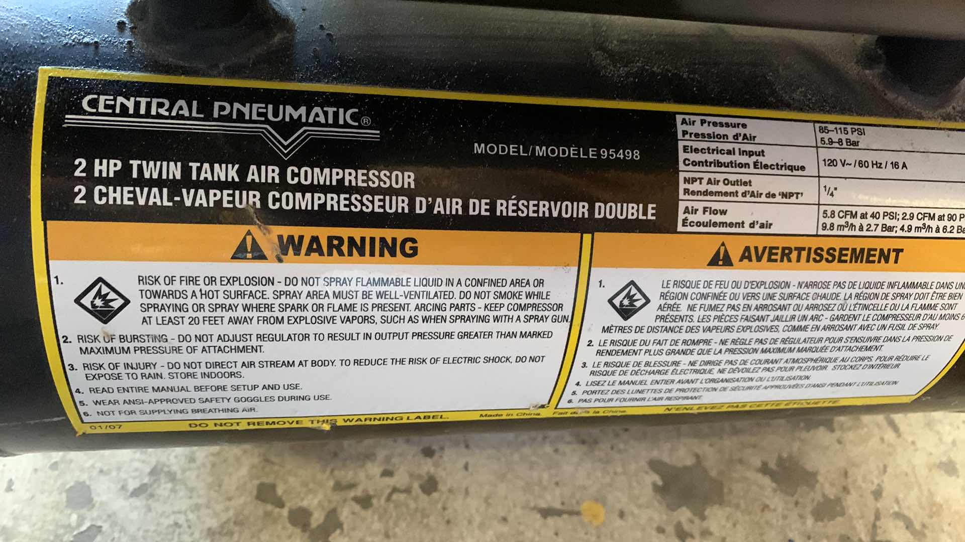 Photo 1 of CENTRAL PNEUMATIC 2 HORSEPOWER TWIN TANK AIR COMPRESSOR