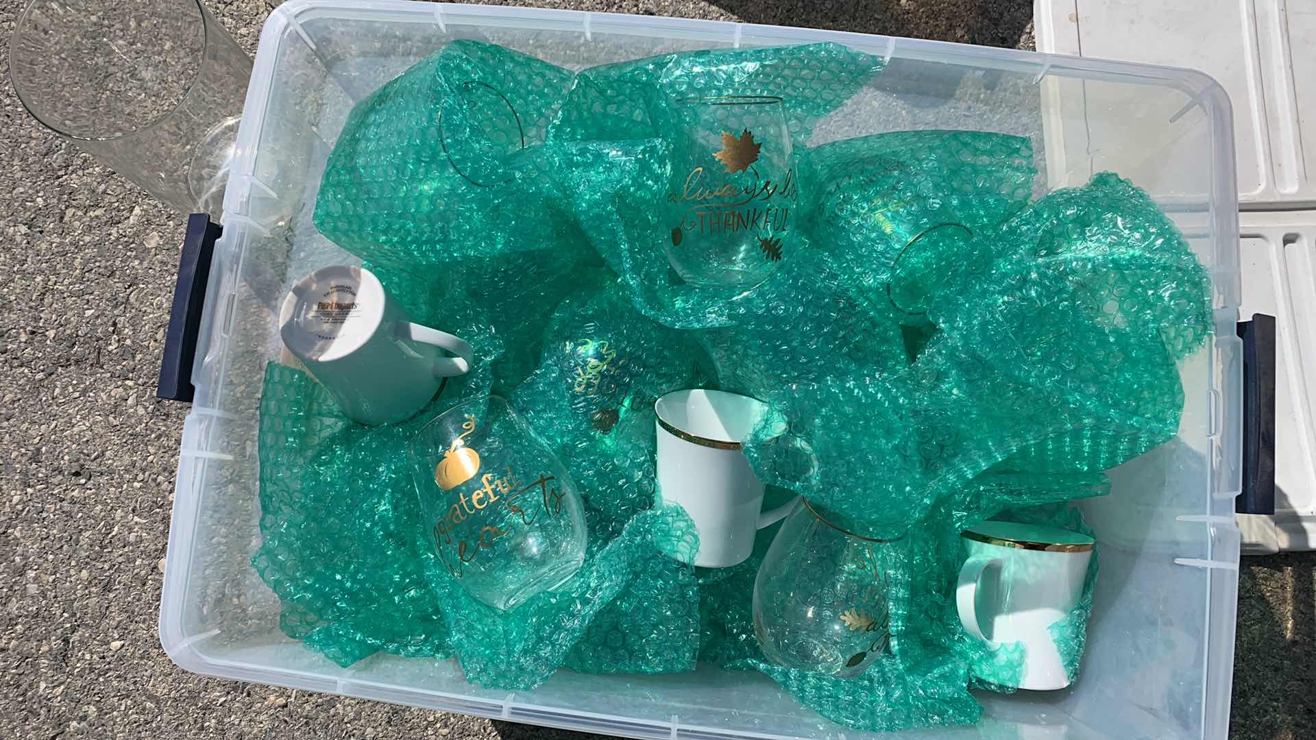 Photo 1 of CONTAINER OF PIER ONE IMPORTS THANKSGIVING MUGS AND GLASS CUPS