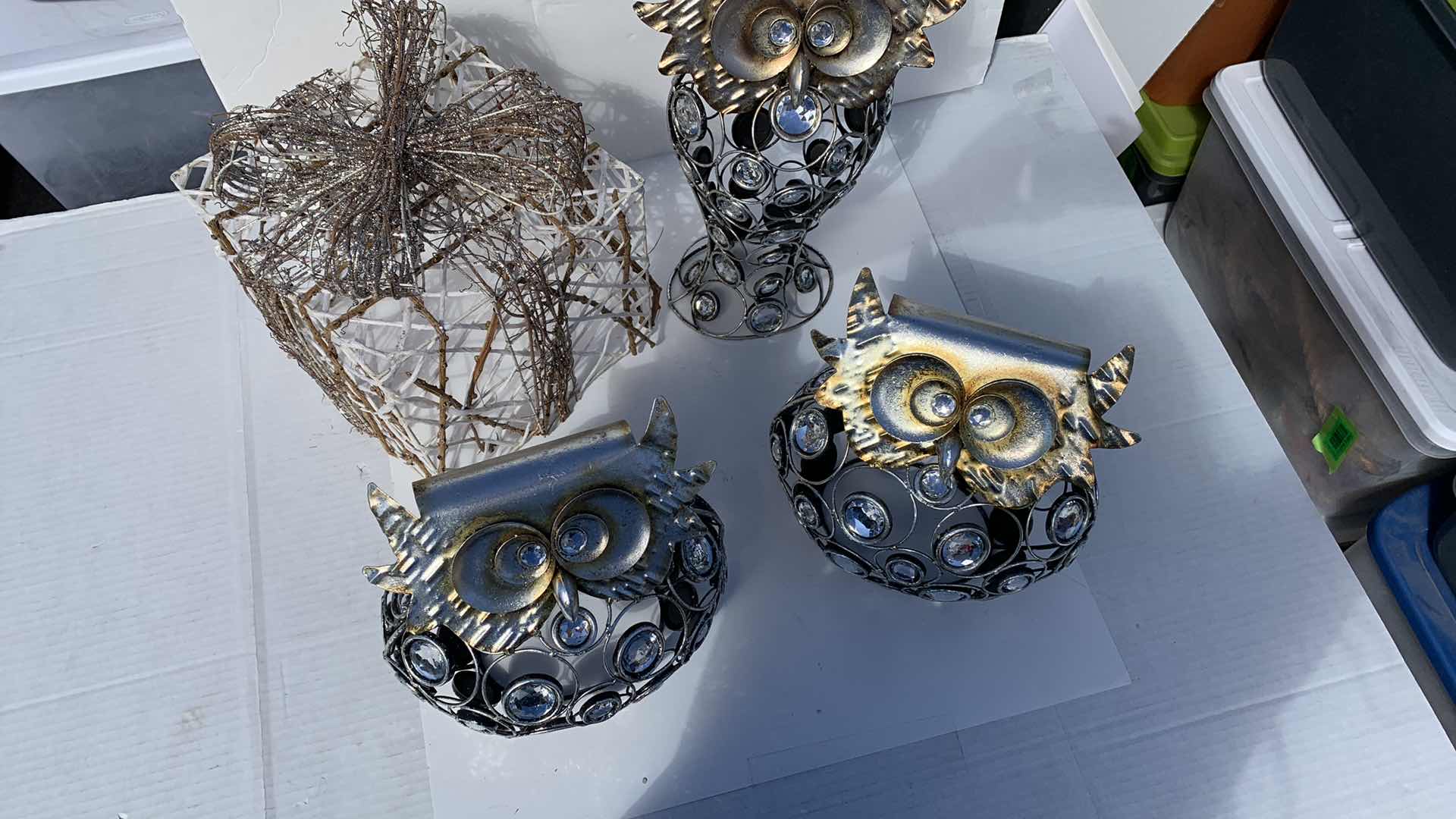 Photo 1 of CHRISTMAS DECORATIONS, METAL SCULPTURES, OWLS AND GIFT BOX