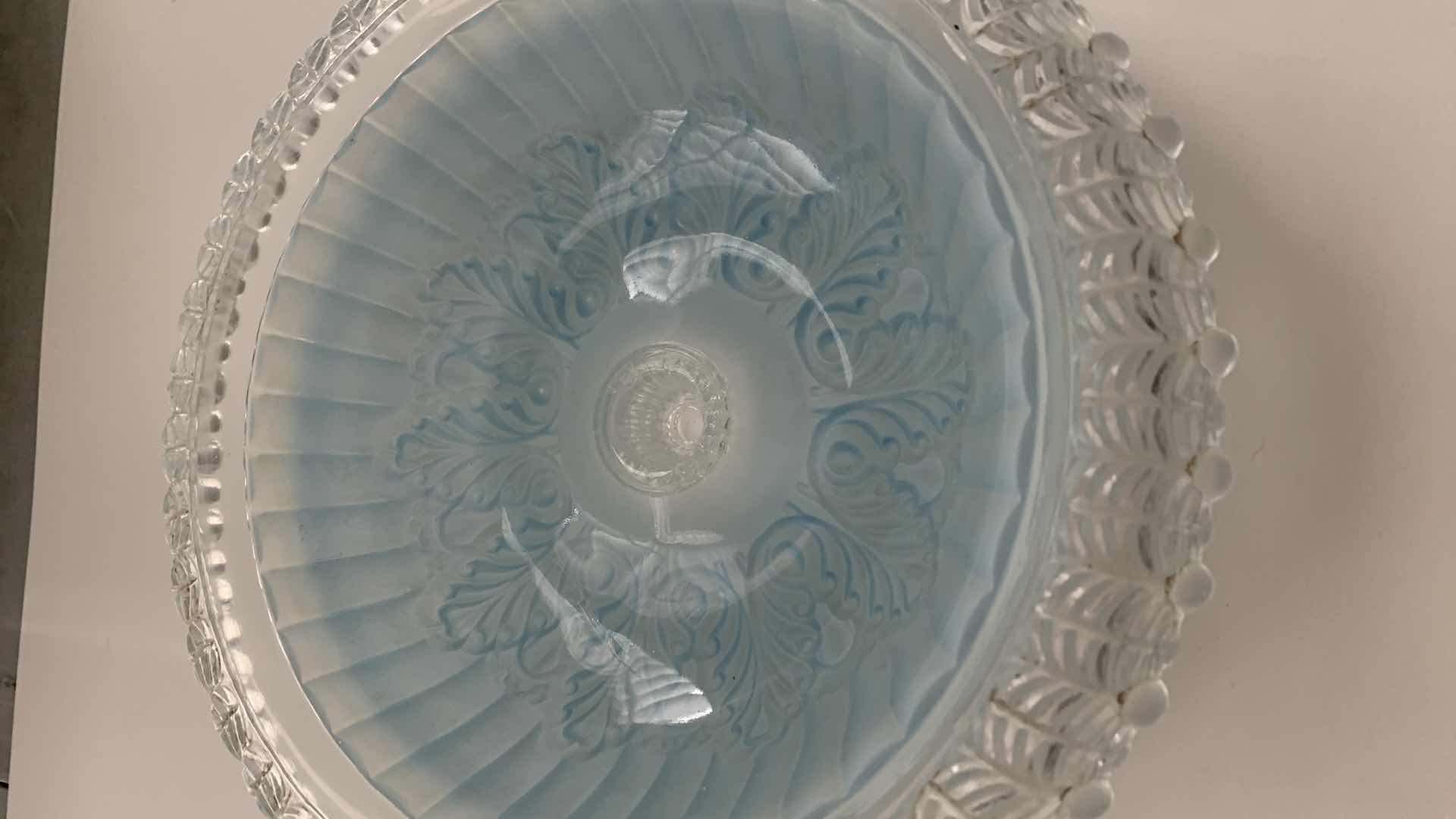 Photo 3 of ANTIQUE ART DECO BLUE AND CLEAR GLASS LIGHT SHADE 12” CIRCUMFERENCE