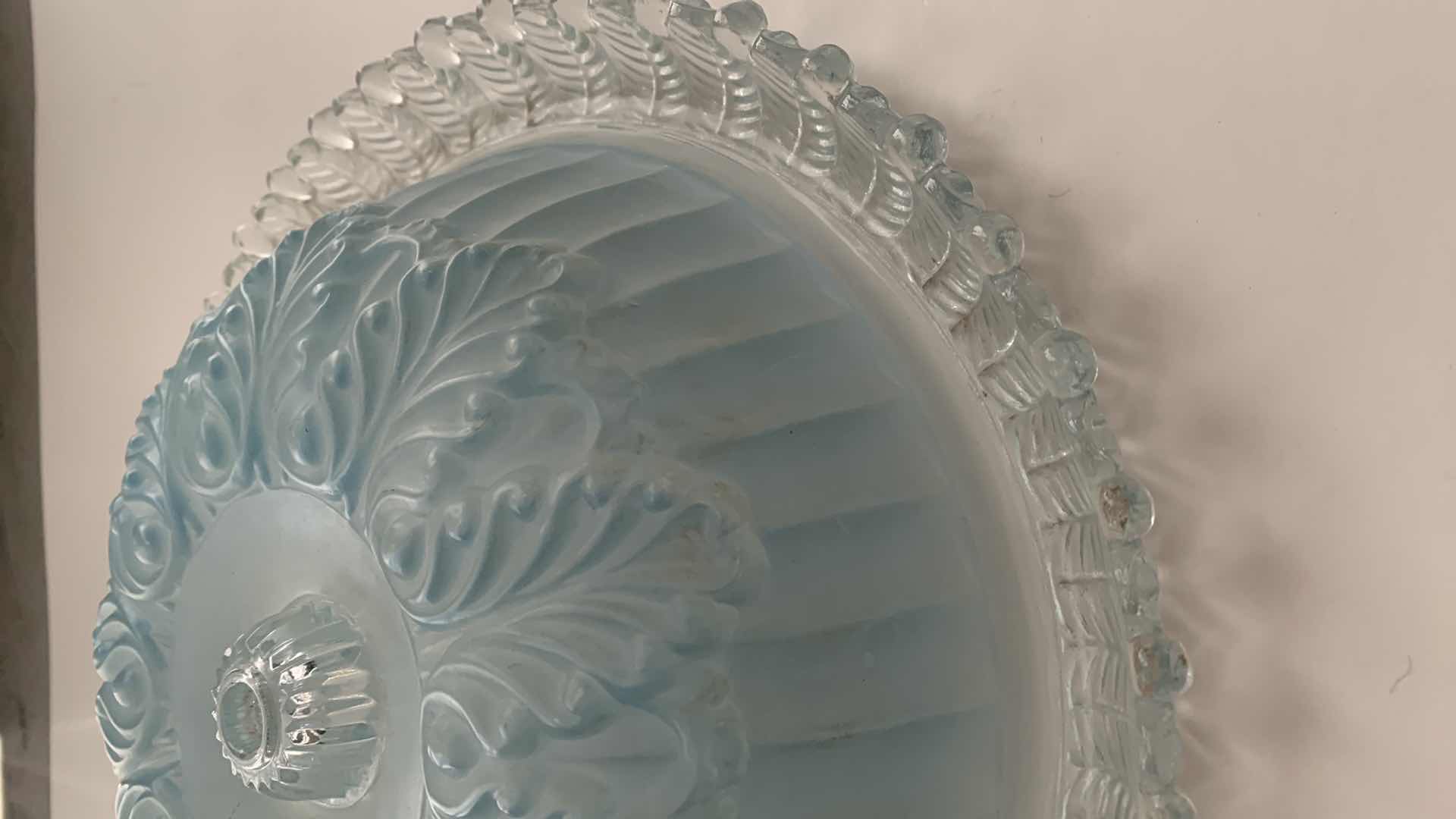 Photo 2 of ANTIQUE ART DECO BLUE AND CLEAR GLASS LIGHT SHADE 12” CIRCUMFERENCE