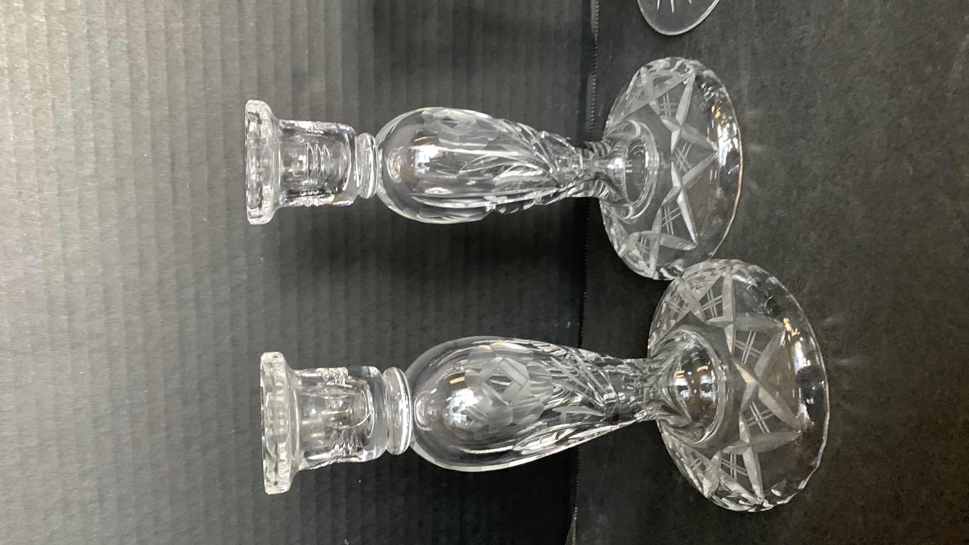 Photo 1 of 2-CRYSTAL CANDLESTICK HOLDERS TALLEST IS 8”