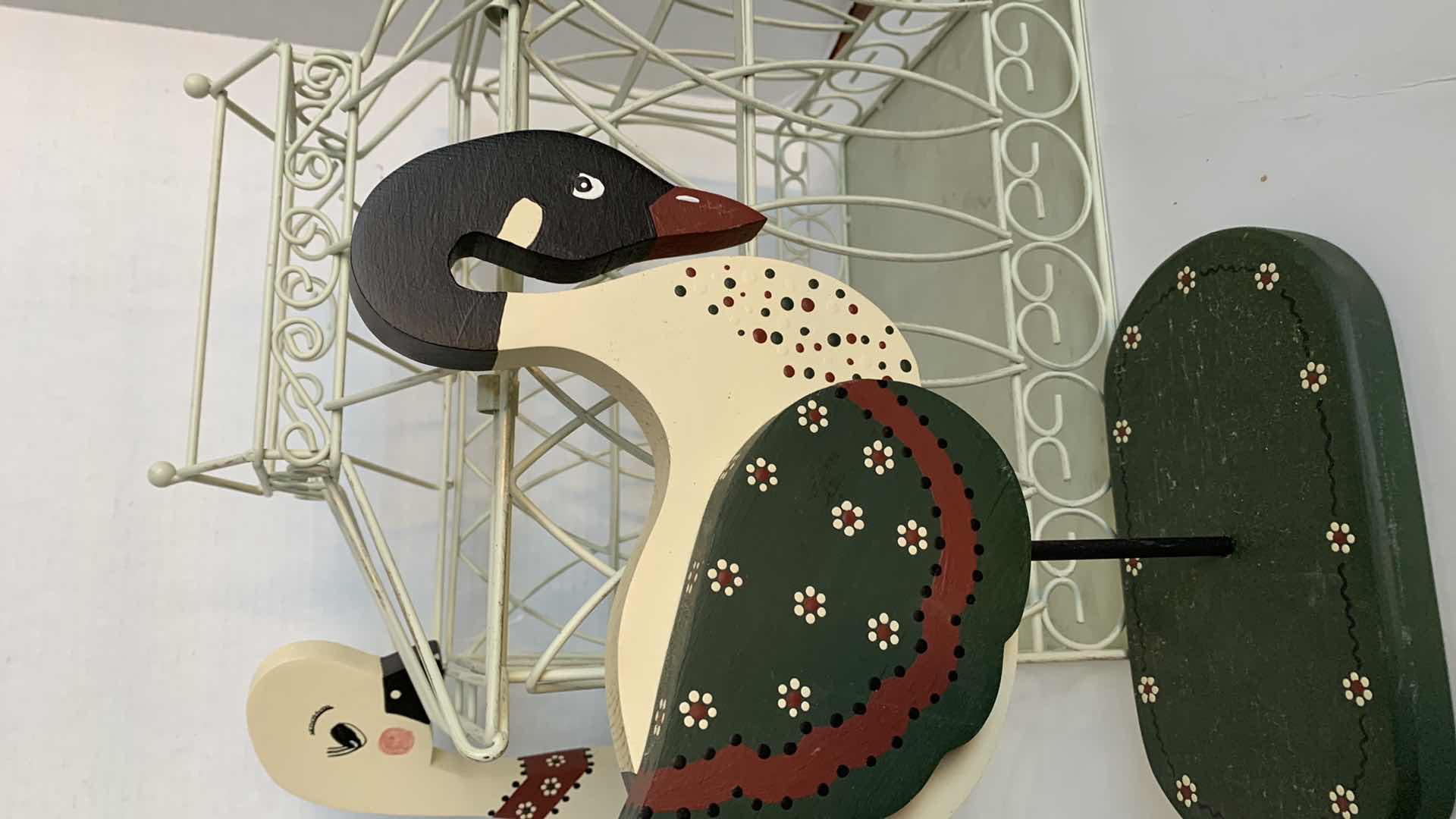 Photo 1 of 2-WOODEN DUCKS AND A METAL BASKET15” X 10” H 15”