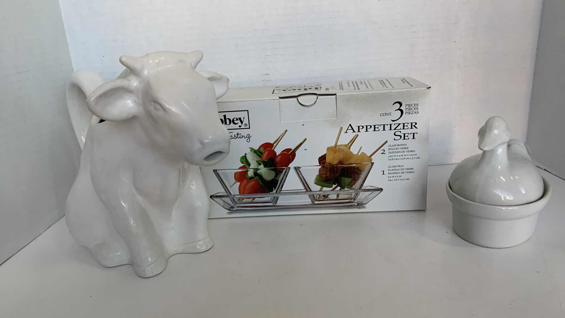 Photo 1 of COW MILK PITCHER, DUCK POTPOURRI HOLDER, AND A 3 PIECE APPETIZER SET