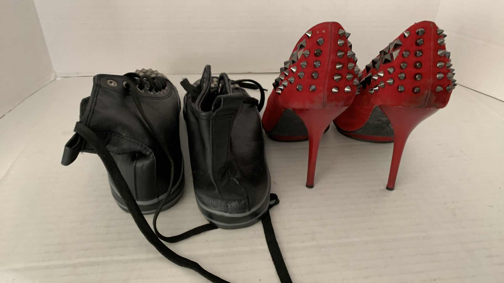 Photo 1 of WOMENS BRECKELLE LEATHER STUDDED MIDTOP STUDDED SNEAKERS SIZE 9 AND DOLLHOUSE STUDDED RED PUMPS SIZE 9