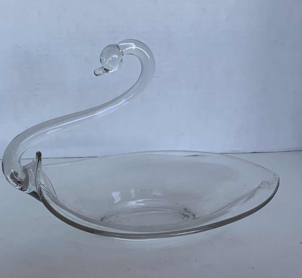 Photo 1 of HAND BLOWN CLEAR SWAN CANDY BOWL 8” TALL