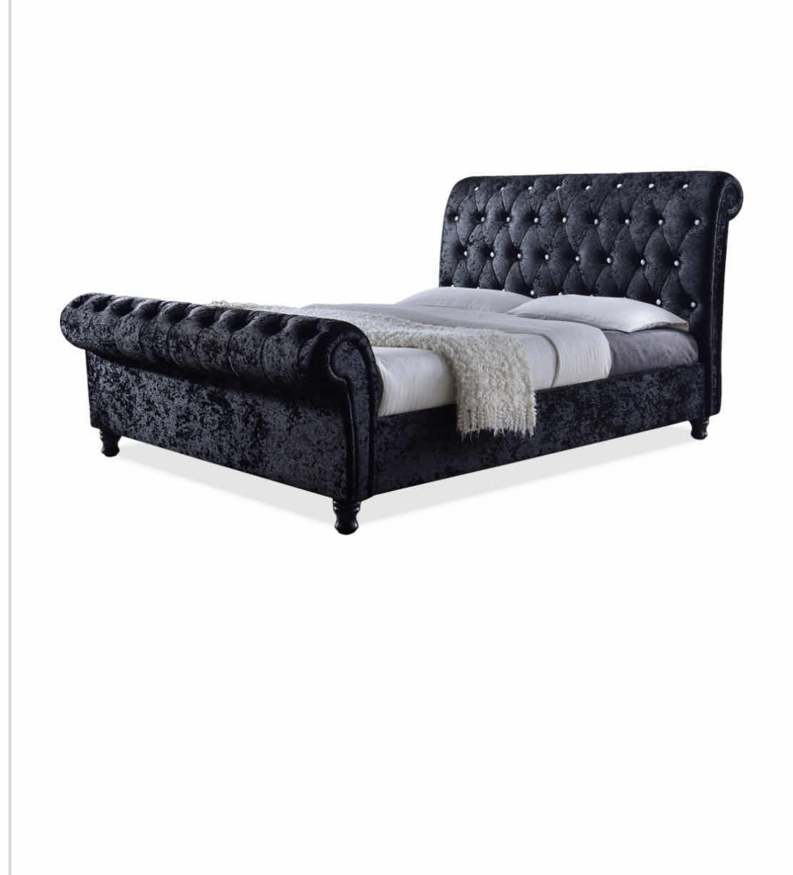 Photo 1 of BAXTON STUDIO CASTELLO BLACK VELVET UPHOLSTERED FAUX CRYSTAL-BUTTONED SLEIGH QUEEN PLATFORM BED