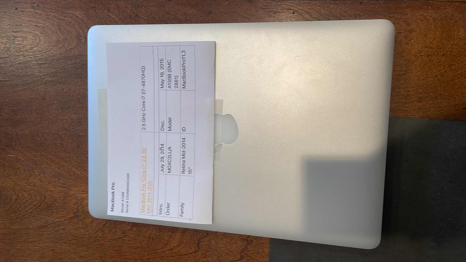 Photo 1 of APPLE MACBOOK PRO MODEL A1398
