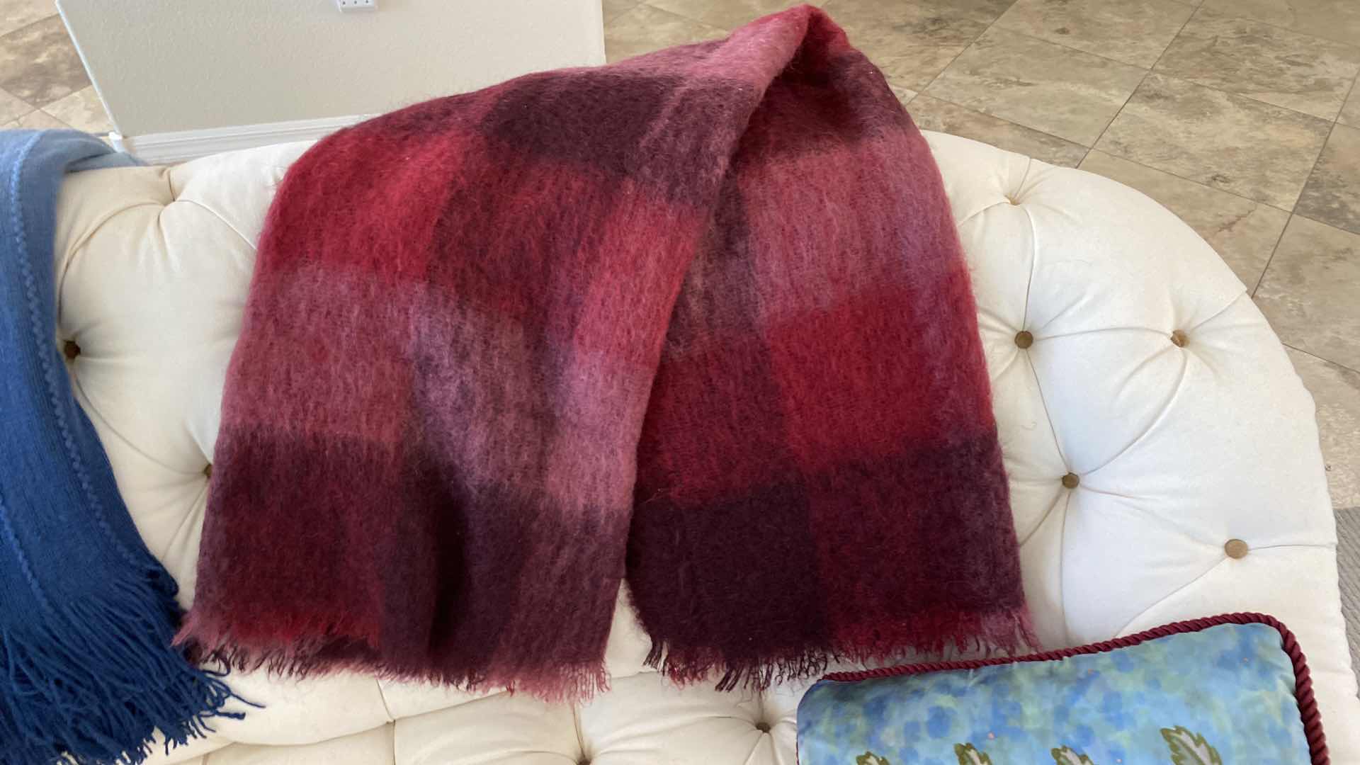 Photo 4 of BURGUNDY WOOL THROW, BLUE ACRYLIC THROW AND TOSS PILLOWS