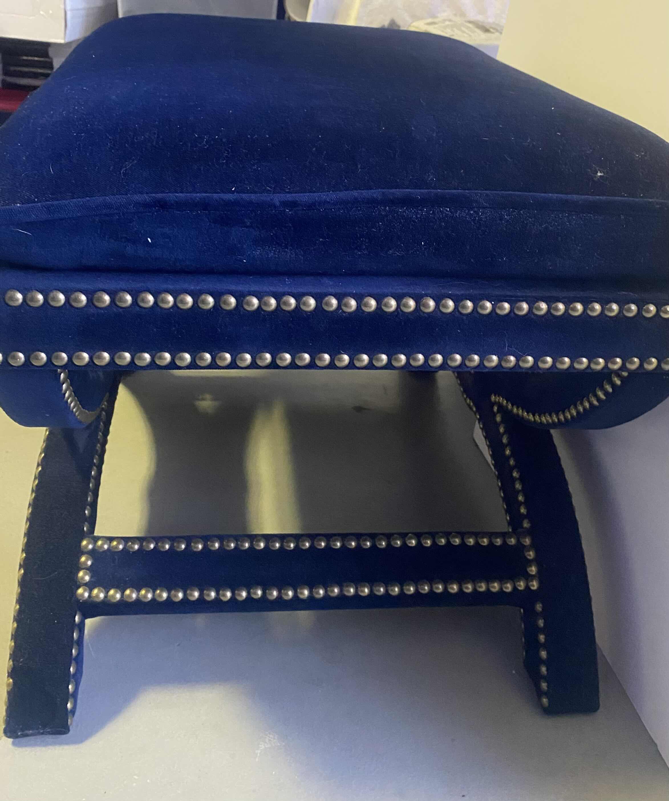 View 4 of ROYAL BLUE VELVET BENCH WITH ANTIQUE BRASS STUDS FROM FRONTGATE 28” x 20” H 18 1/2”