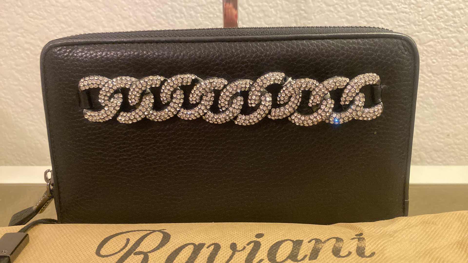 Photo 1 of  RAVIANI BLACK LEATHER WRISTLET WITH 12 CREDIT CARD SLOTS, BILL FLAP AND ZIPPER COIN POUCH  AND DUST BAG