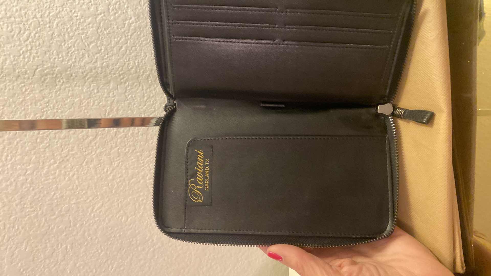 Photo 1 of  RAVIANI BLACK LEATHER WRISTLET WITH 12 CREDIT CARD SLOTS, BILL FLAP AND ZIPPER COIN POUCH  AND DUST BAG