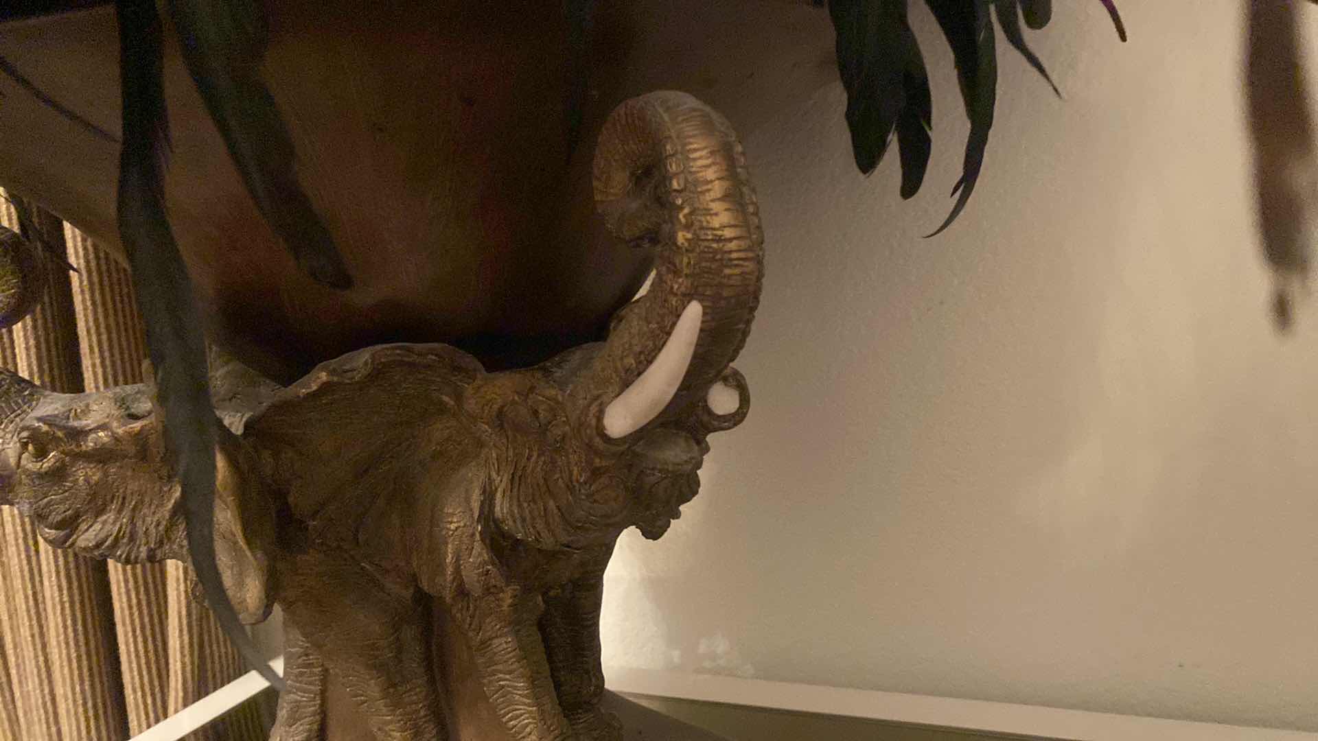 Photo 1 of LARGE ELEPHANT VASE WITH PHEASANT FEATHERS (VASE MEASURES 18” x 15 1/2”)