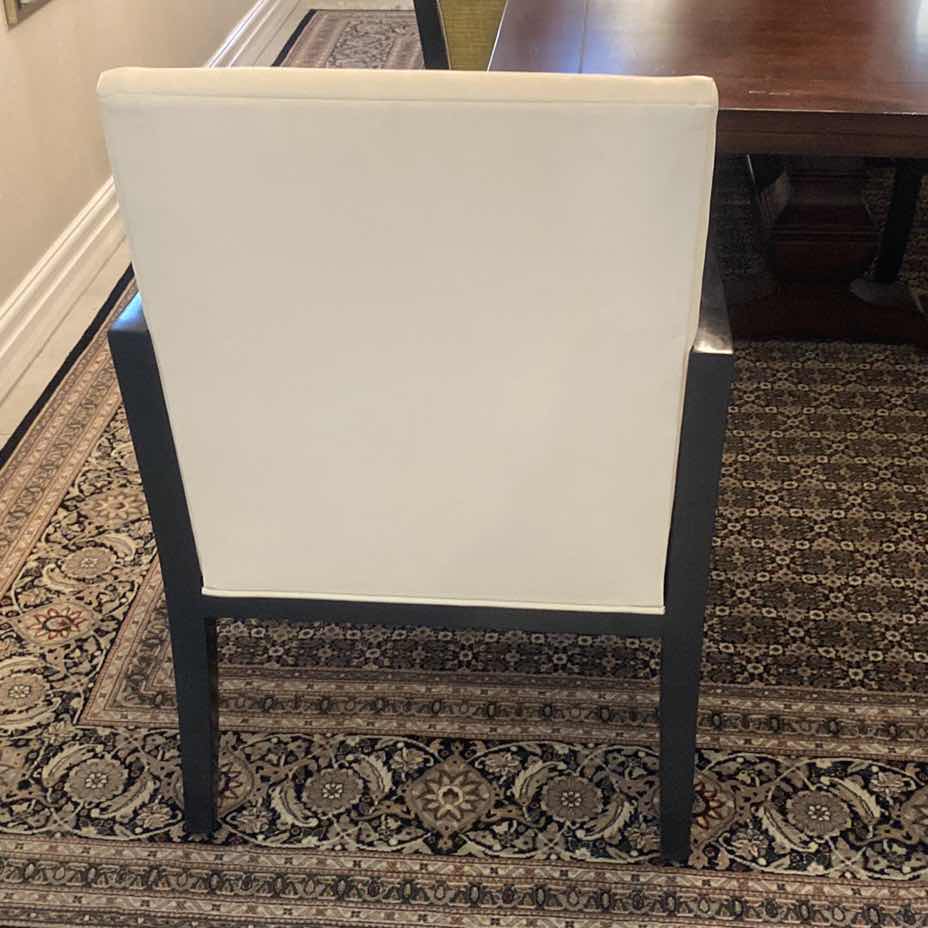 Photo 1 of PAIR OF BONDED CREAM LEATHER WITH GREEN FABRIC & HARLEQUIN TRIM DINING/OCCASIONAL CHAIRS FROM WYNN RESORT SUITES 24 1/2” x 24 1/2” H 38 1/2”