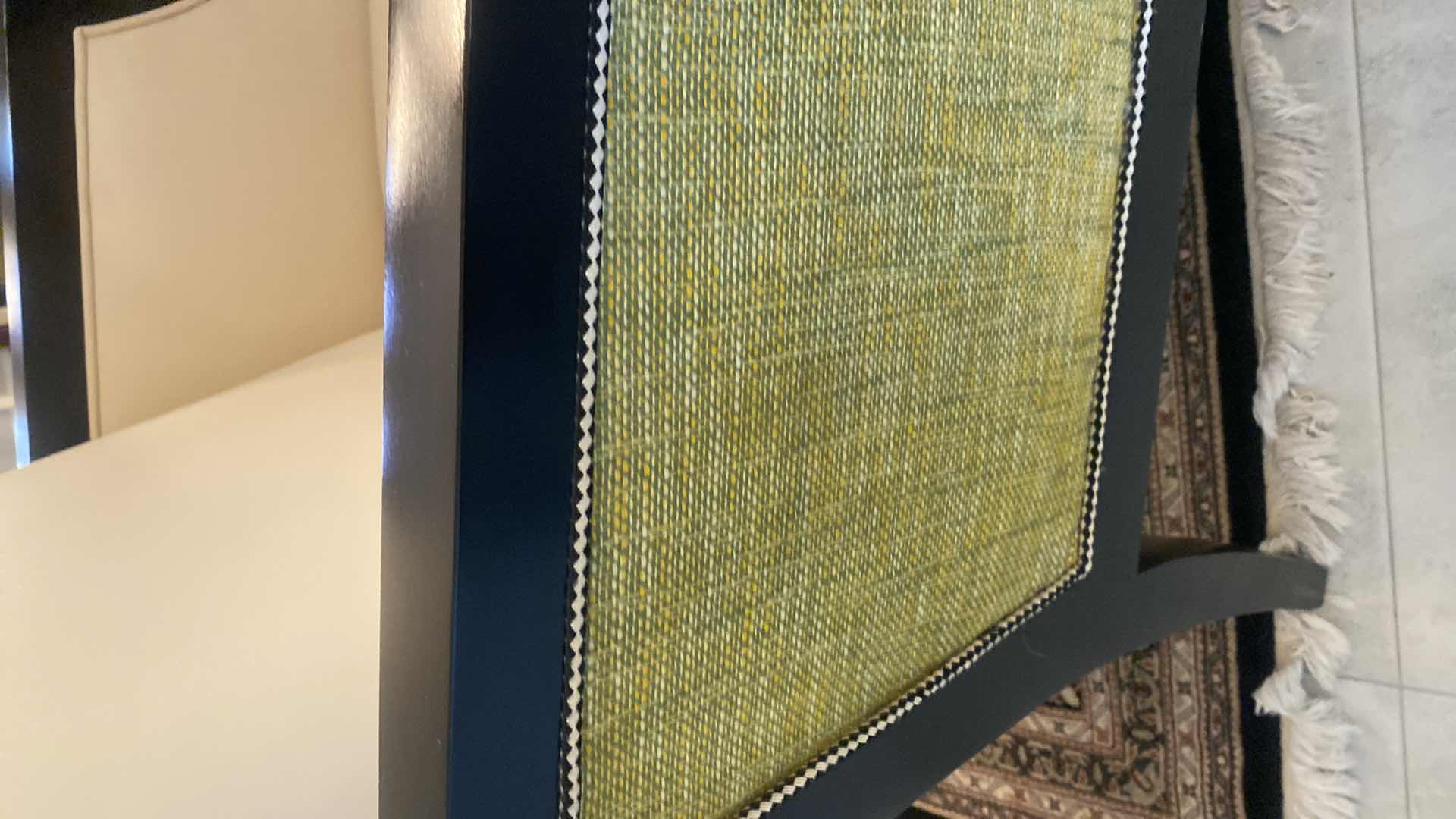 Photo 1 of PAIR OF BONDED CREAM LEATHER WITH GREEN FABRIC & HARLEQUIN TRIM DINING/OCCASIONAL CHAIRS FROM WYNN RESORT SUITES 24 1/2” x 24 1/2” H 38 1/2”
