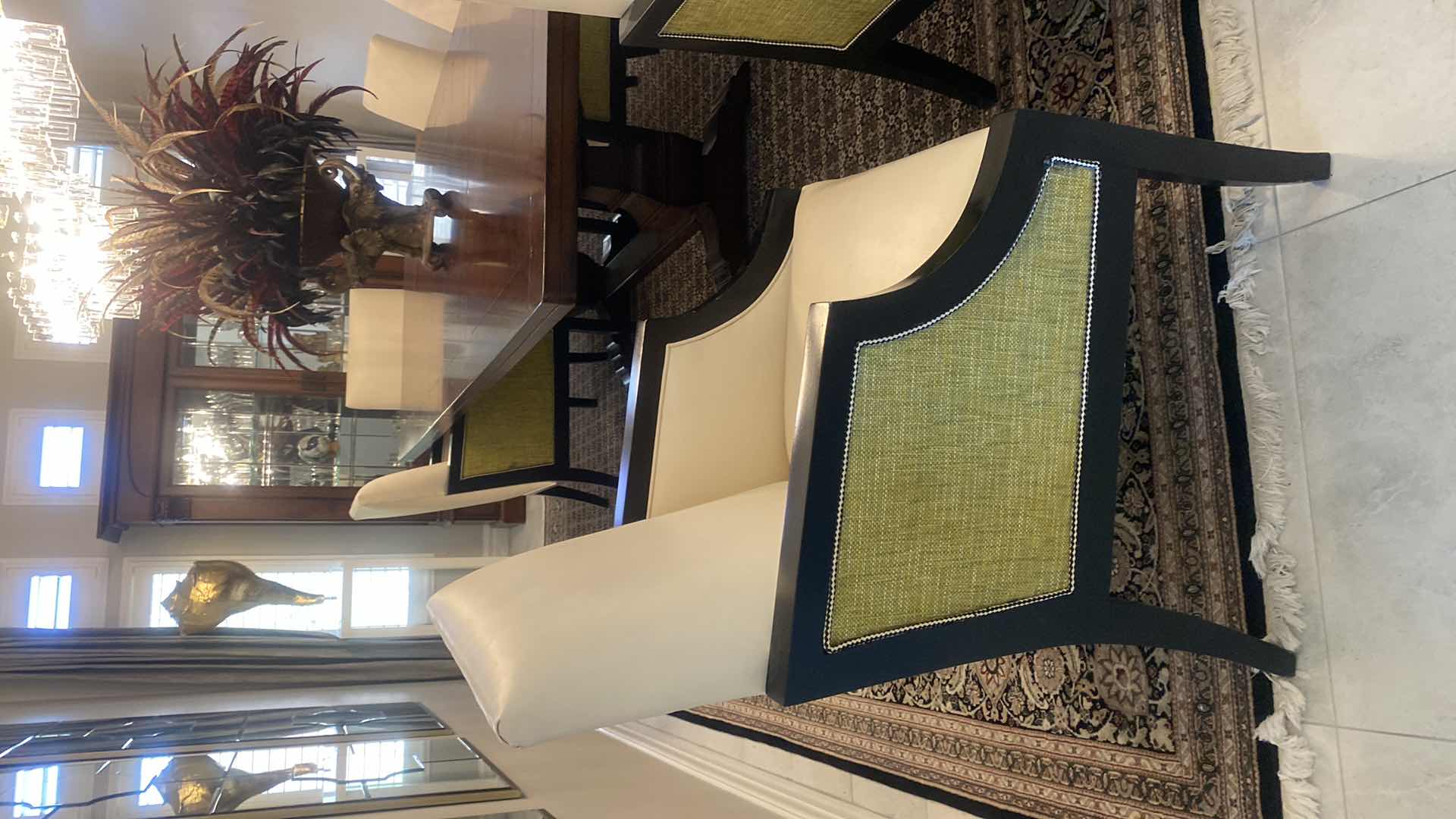 Photo 1 of PAIR OF BONDED CREAM LEATHER WITH GREEN FABRIC & HARLEQUIN TRIM DINING/OCCASIONAL CHAIRS FROM WYNN RESORT SUITES 24 1/2” x 24 1/2” H 38 1/2”