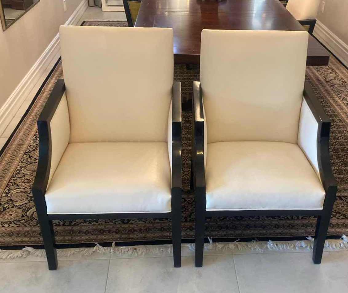 Photo 1 of PAIR OF BONDED CREAM LEATHER WITH GREEN FABRIC & HARLEQUIN TRIM DINING/OCCASIONAL CHAIRS FROM WYNN RESORT SUITES 24 1/2” x 24 1/2” H 38 1/2”