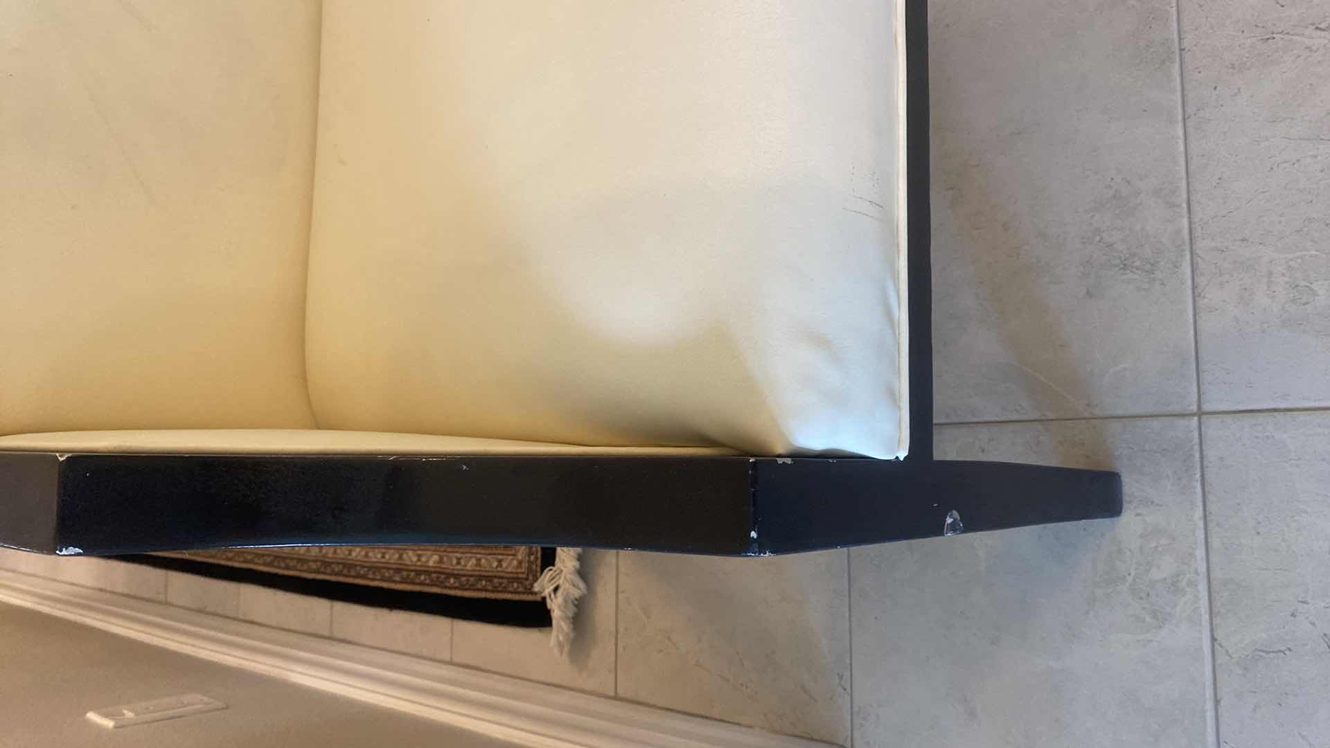 Photo 1 of PAIR OF BONDED CREAM LEATHER WITH GREEN FABRIC & HARLEQUIN TRIM DINING/OCCASIONAL CHAIRS FROM WYNN RESORT SUITES 24 1/2” x 24 1/2” H 38 1/2”