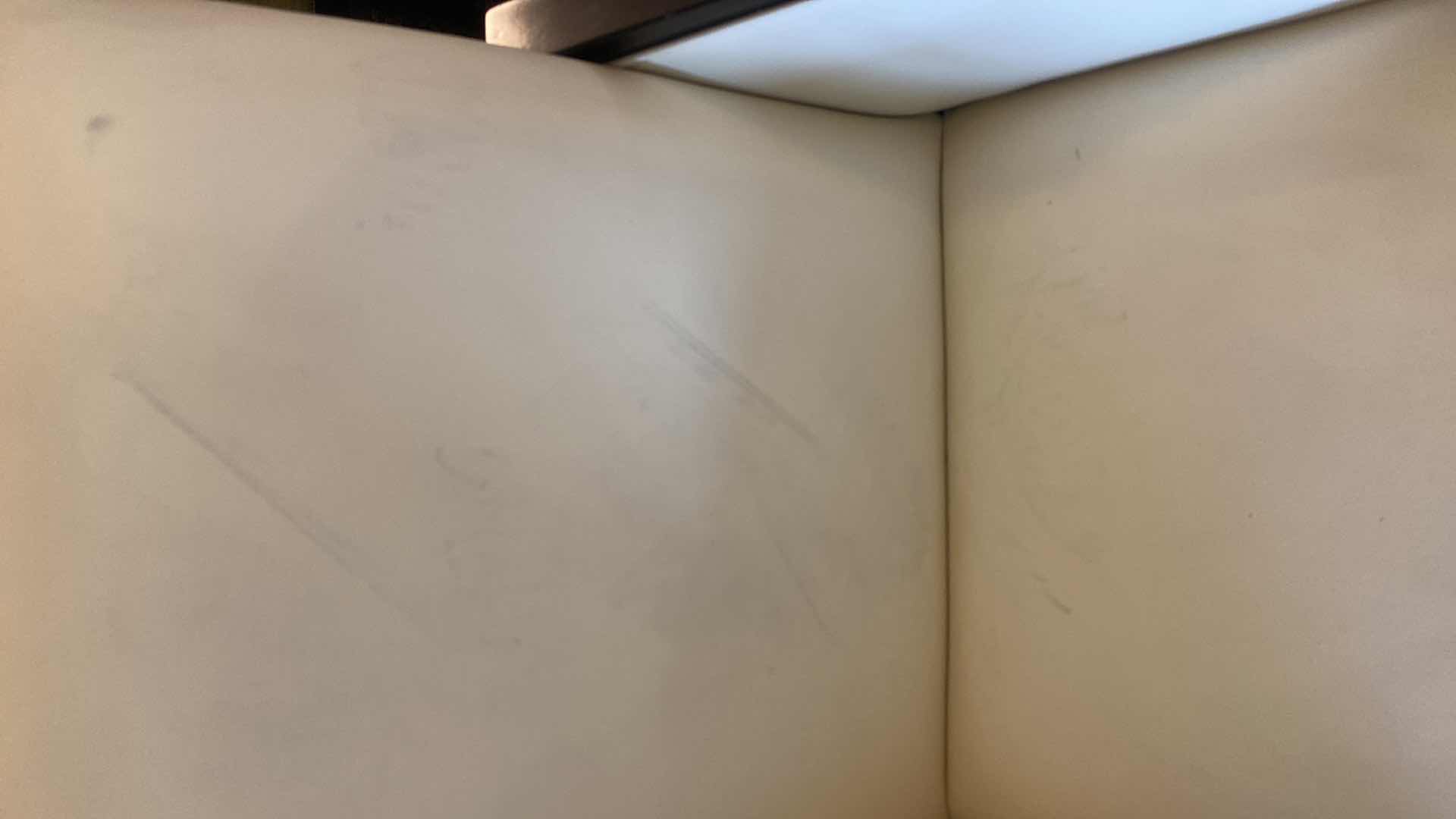 Photo 1 of PAIR OF BONDED CREAM LEATHER WITH GREEN FABRIC & HARLEQUIN TRIM DINING/OCCASIONAL CHAIRS FROM WYNN RESORT SUITES 24 1/2” x 24 1/2” H 38 1/2”