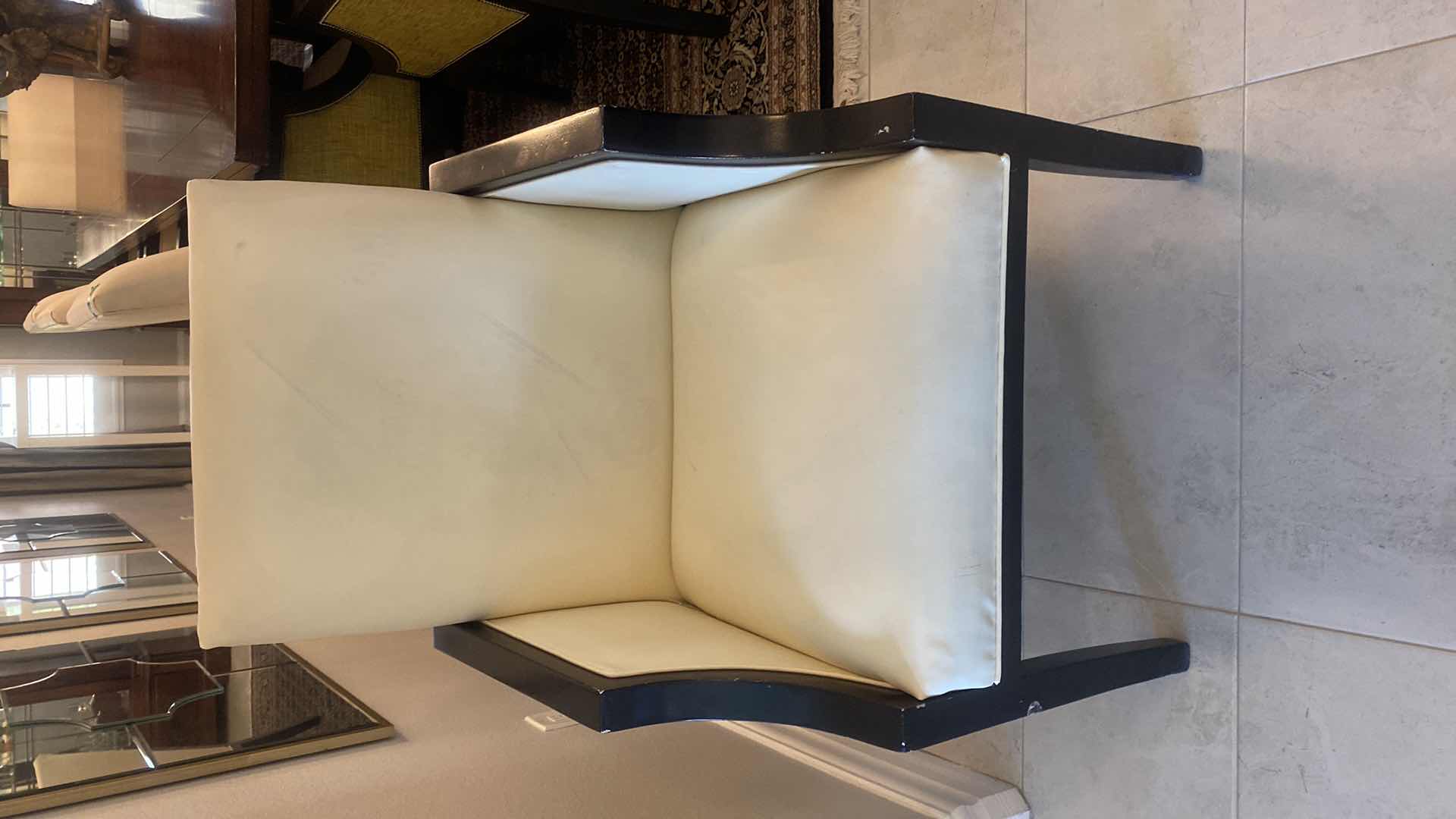 Photo 1 of PAIR OF BONDED CREAM LEATHER WITH GREEN FABRIC & HARLEQUIN TRIM DINING/OCCASIONAL CHAIRS FROM WYNN RESORT SUITES 24 1/2” x 24 1/2” H 38 1/2”