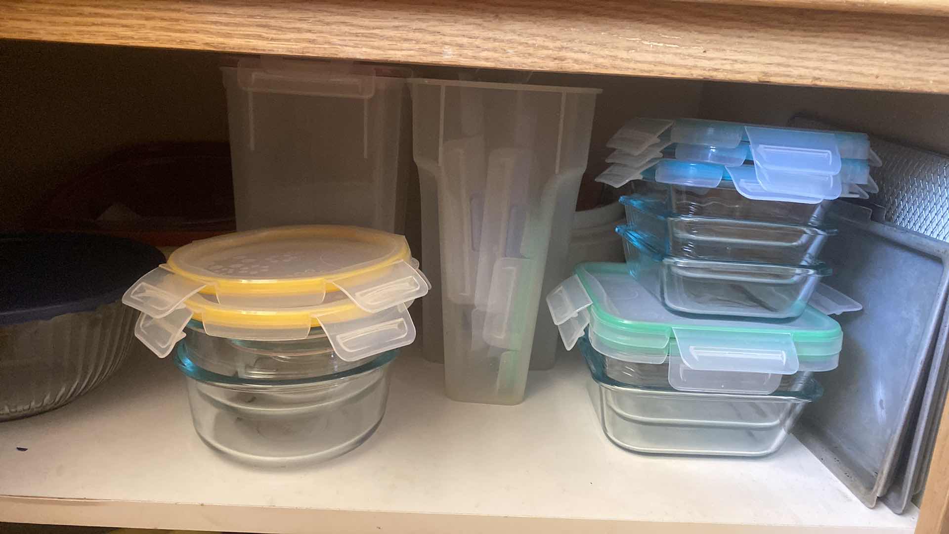 Photo 1 of CONTENTS OF KITCHEN CABINET - GLASS & PLASTIC STORAGE WARE