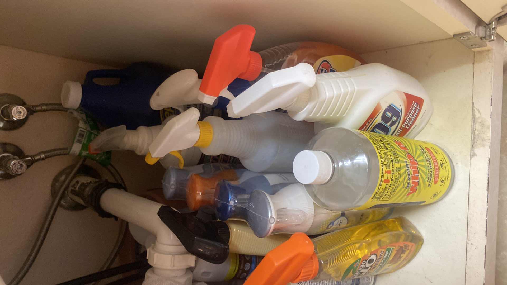 Photo 1 of CONTENTS OF LAUNDRY ROOM CABINET - UNDER SINK CLEANING SUPPLIES AND TOWELS