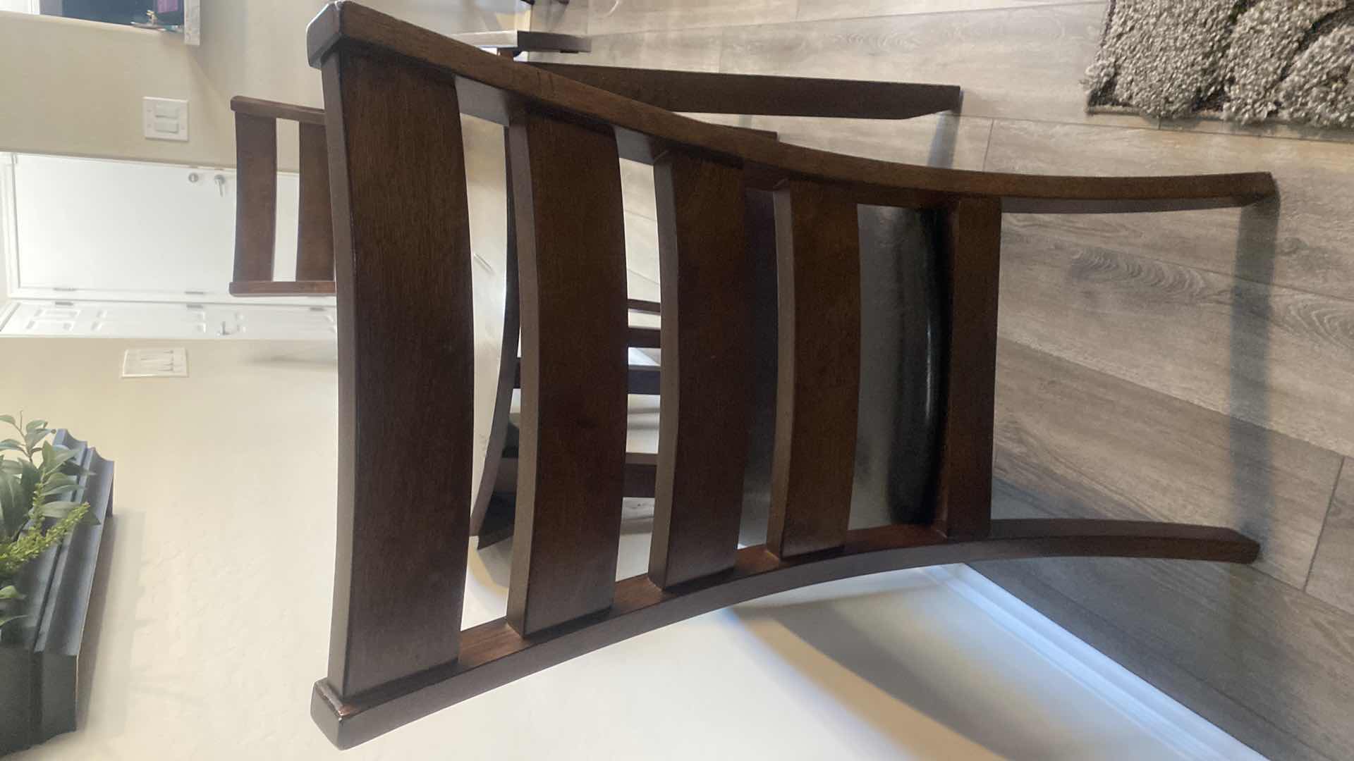 Photo 1 of DARK WOOD DINING TABLE WITHOUT SIDES EXTENDED 42“ x 24” H30“, EXTENDED 41” ROUND WITH 2 CHAIRS