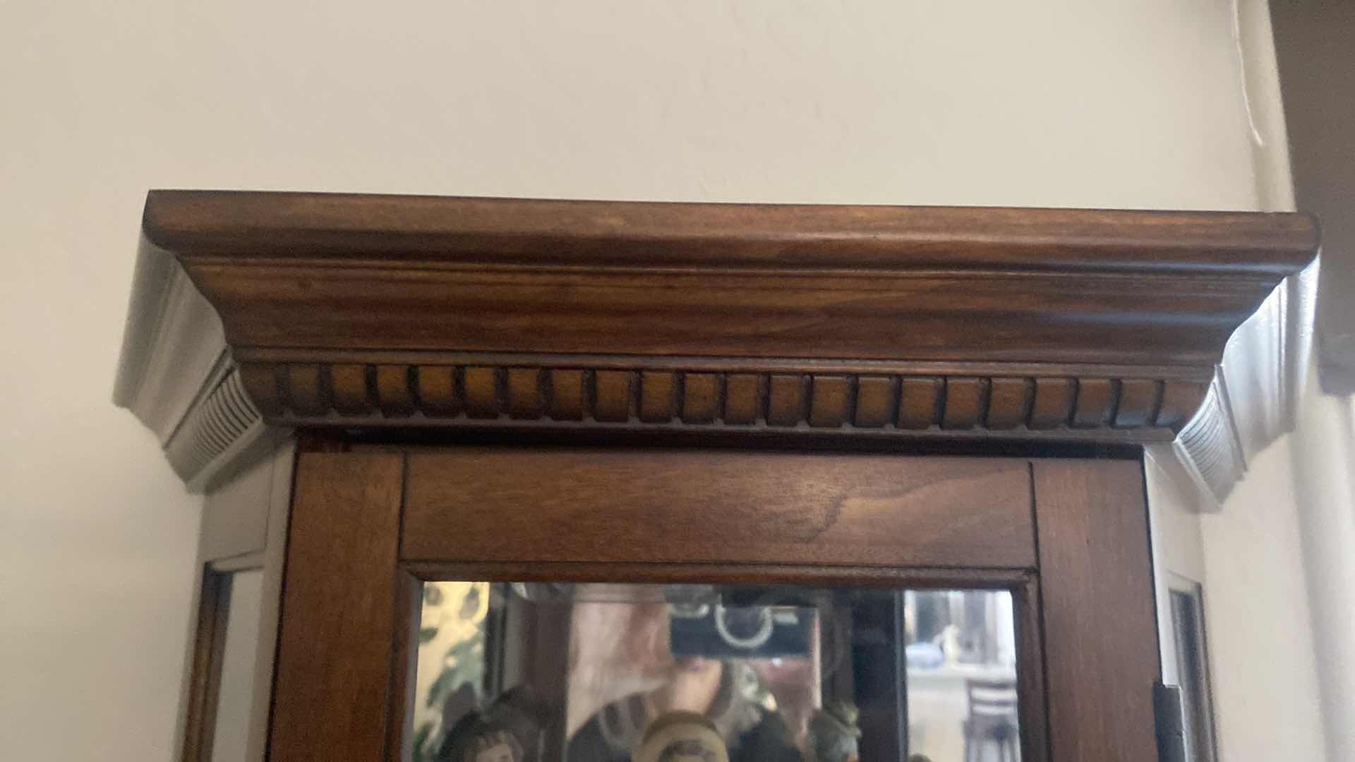 Photo 1 of DARK WOOD DISPLAY CABINET WITH 3 GLASS ADJUSTABLE SHELVES 24“ x 11 1/2“ H 69”