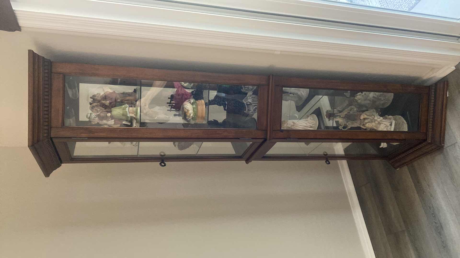 Photo 1 of DARK WOOD DISPLAY CABINET WITH 3 GLASS ADJUSTABLE SHELVES 24“ x 11 1/2“ H 69”