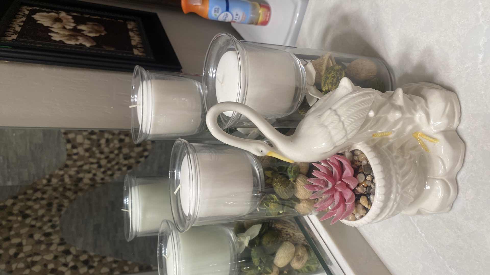 Photo 1 of 3-GLASS CANDLE HOLDERS H11” & 1 CRANE WITH FAUX CACTUS H10”